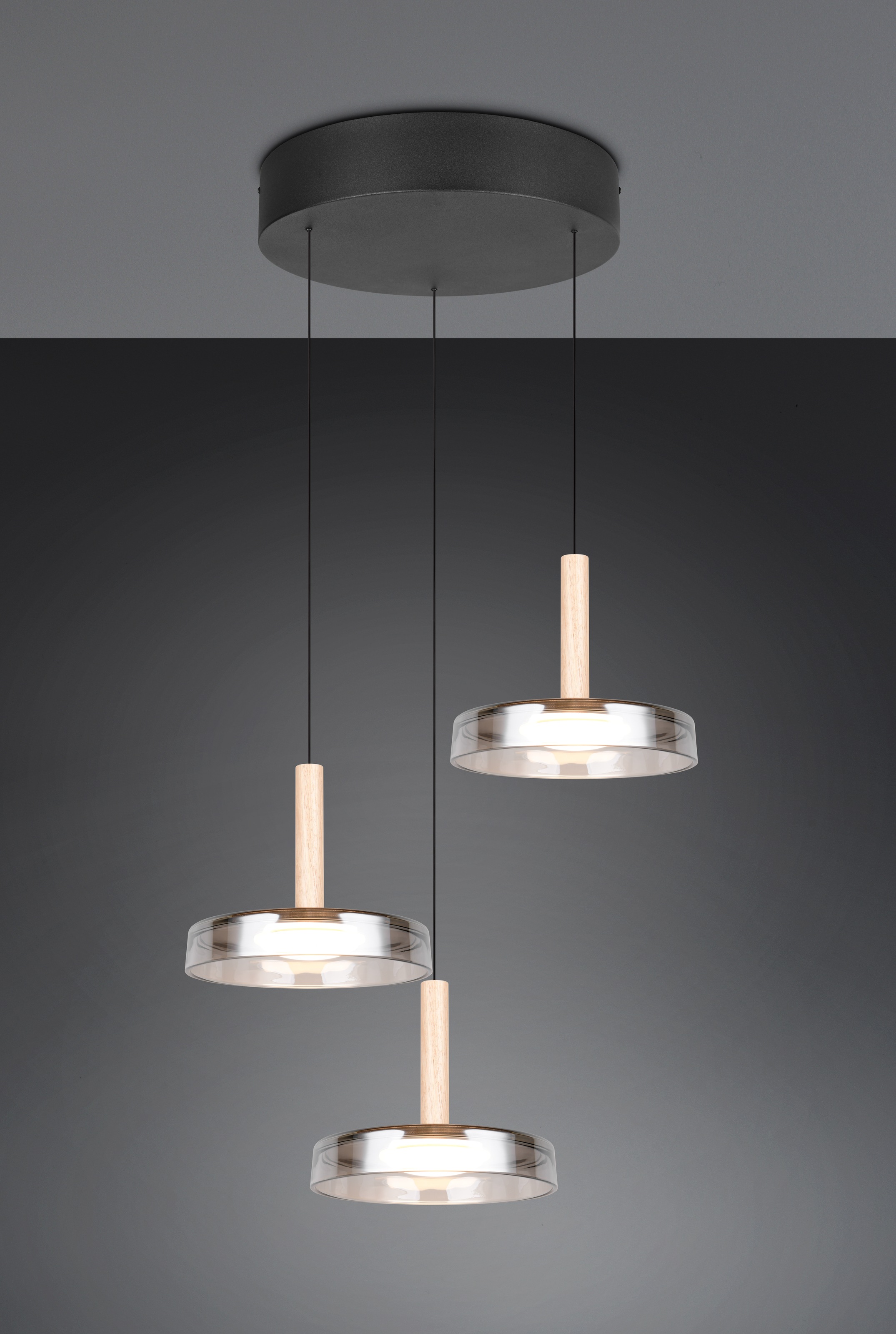 TRIO Leuchten LED Pendelleuchte »CELESTE dimmbare LED Hängelampe aus Metall Glas & Holz, 7,5W 750 Lumen« LED-Board 1 Stk. Warmweiß 3-flammig einfach höhenverstellbar von 50-200 cm 3-Stufen Dimmfunktion