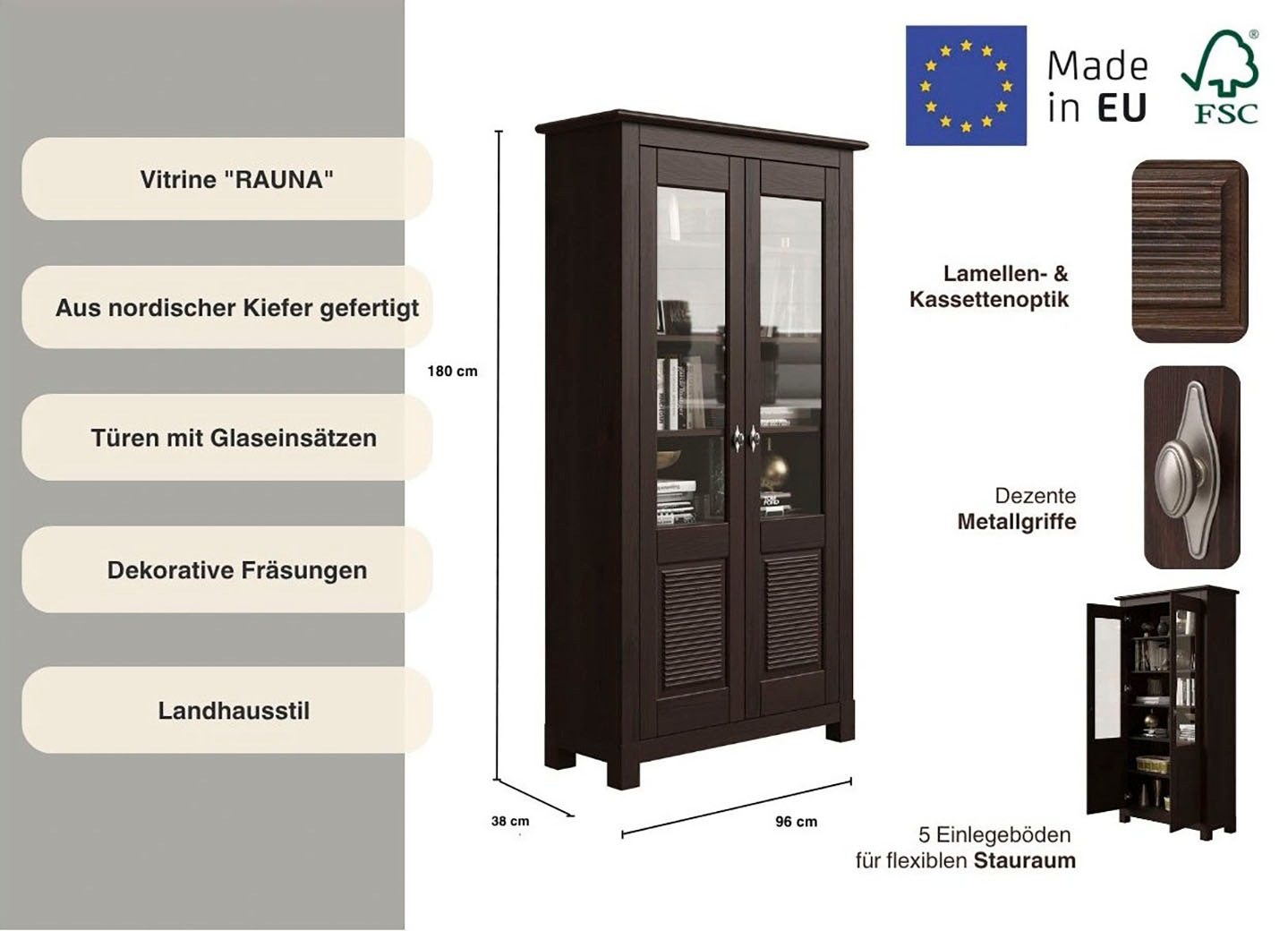 OTTO home Vitrine »Rauna« Aus massiver Kiefer, Türen mit Glaseinsätzen