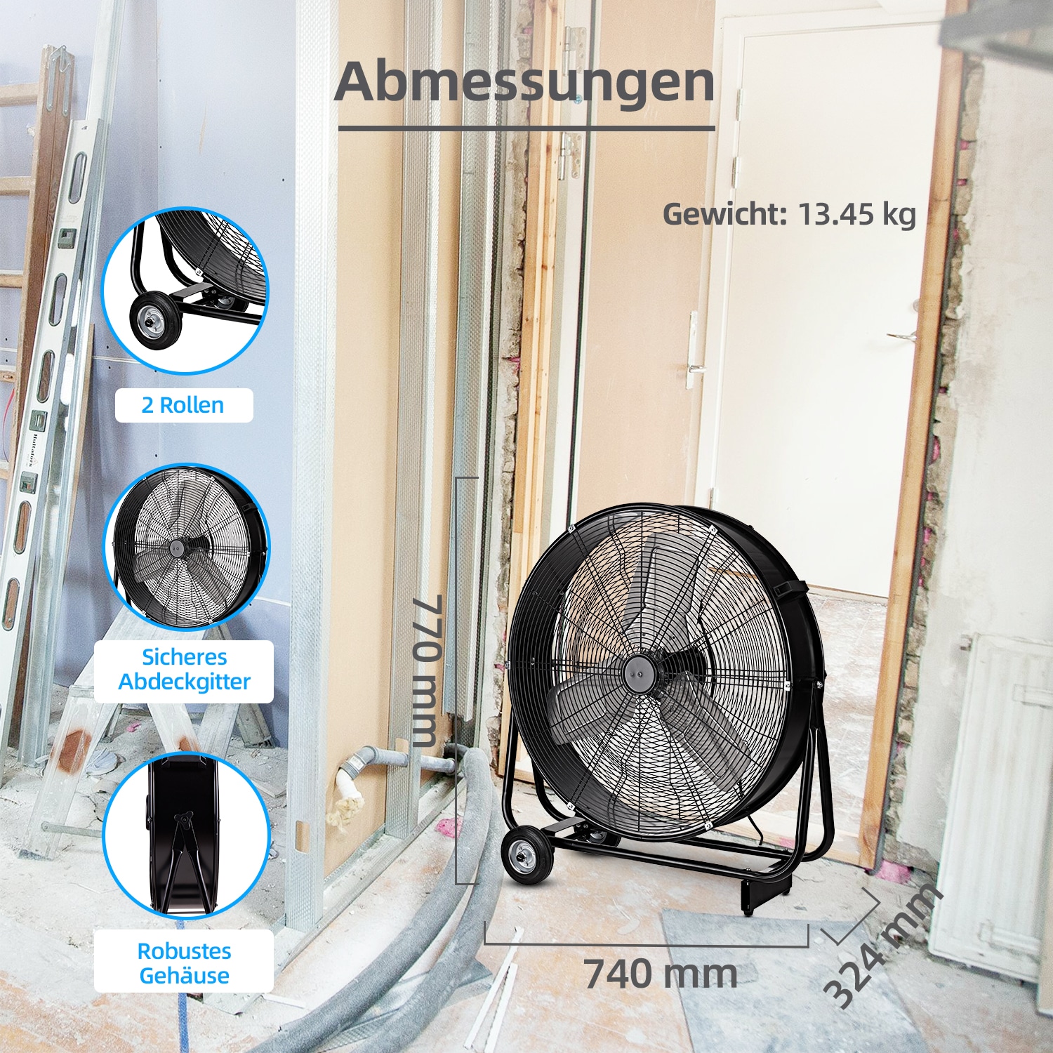 be cool Windmaschine »Industrie-Windmaschine 60cm BCIWM60CM schwarz«, fahrbarer Trommelventilator, Vollkupfermotor, Aluminium-Rotorblätter