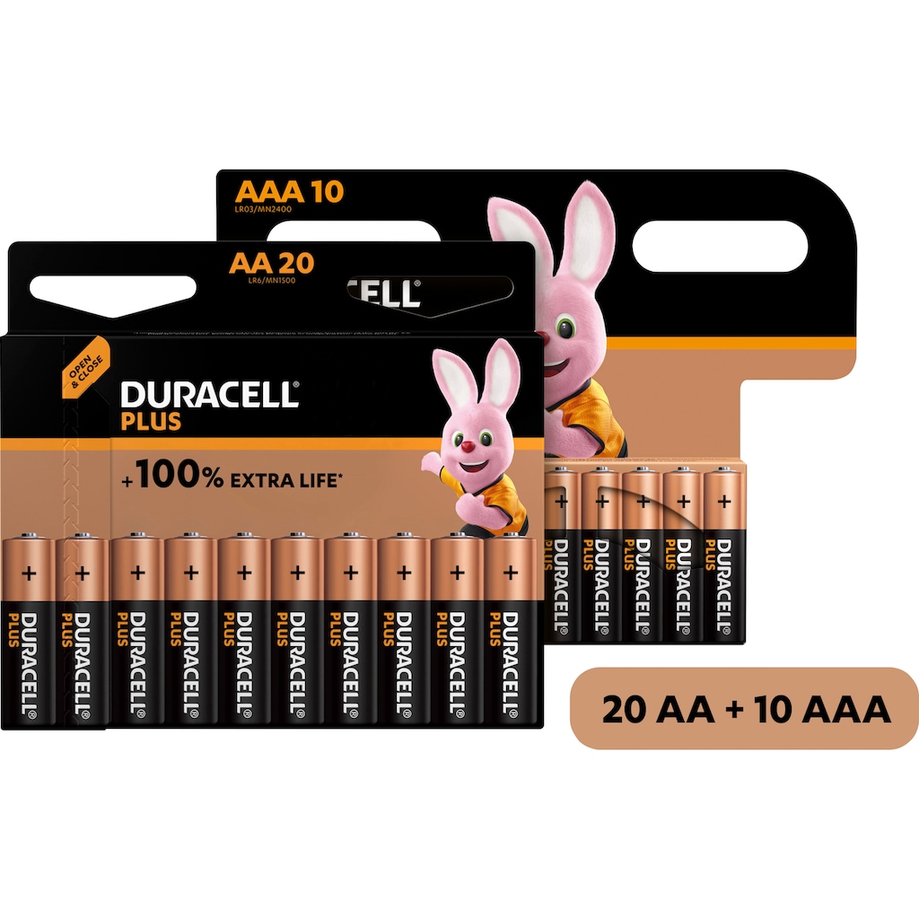 Duracell Batterie »20+10 Pack: 20x Mignon/AA/LR06 + 10x Micro/AAA/LR03«, LR06, (Spar-Set, 30 St., Alkaline Batterie, 30 Stück)