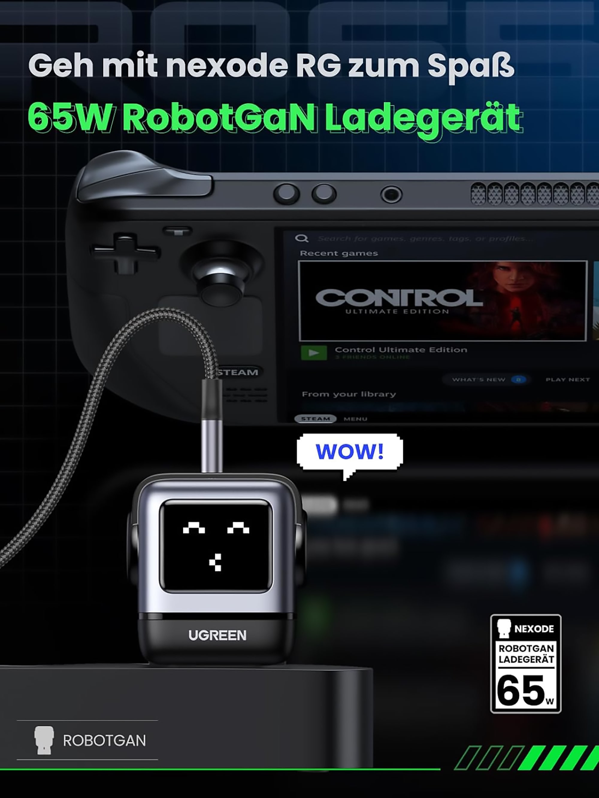 UGREEN USB-Ladegerät »UGREEN Uno Robot GaN Tech 65W USB-A+2*USB-C Fast Charger«, Roboter-Form mit LED-Anzeige und magnetischem Fuß