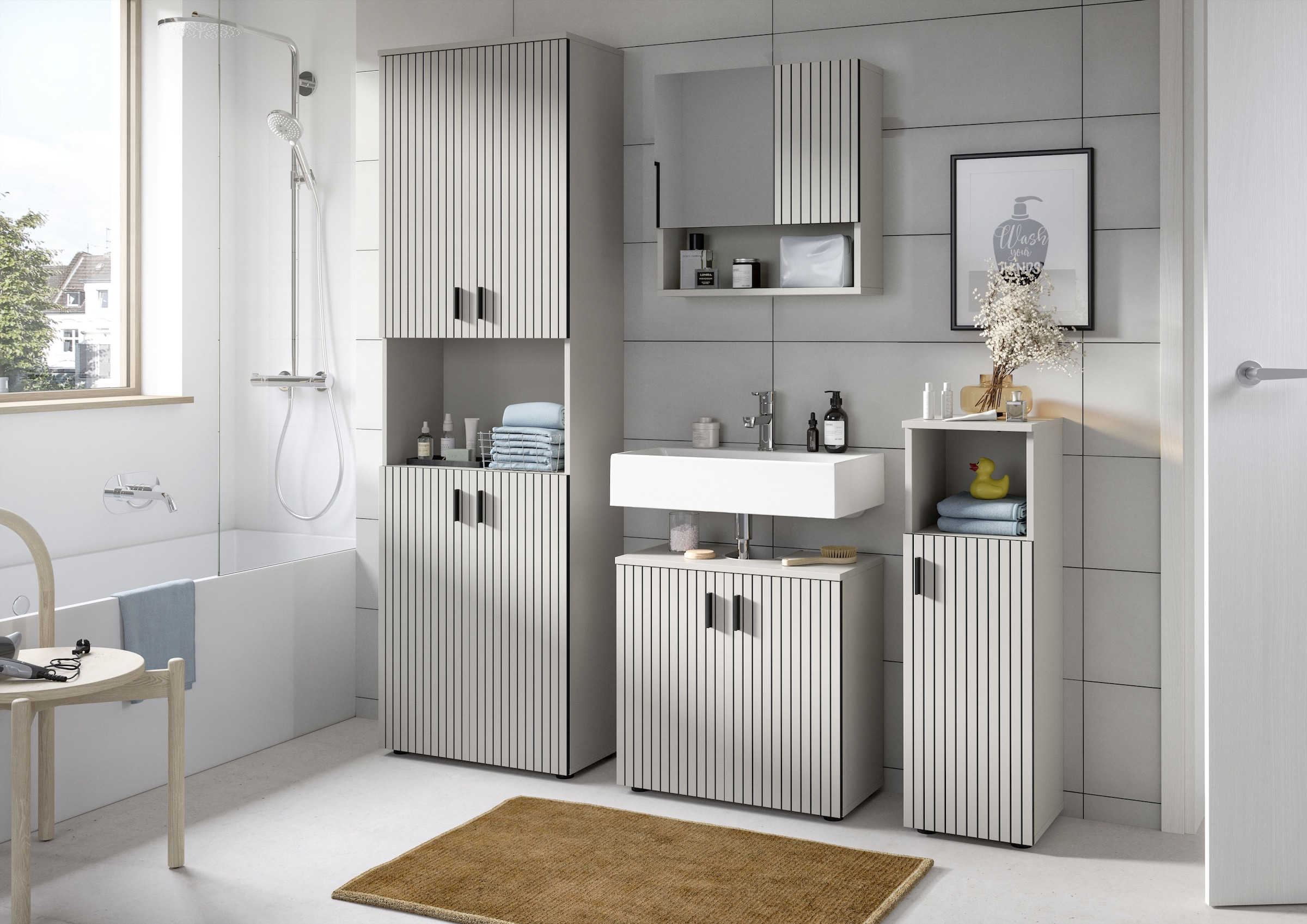 welltime Stauraumschrank »MANI, Höhe: 95 cm, Paneeloptik, 1 offenes Fach, 1 Tür« 1 Stk. tlg. Badezimmerschrank, Badschrank, Bad, Badezimmer