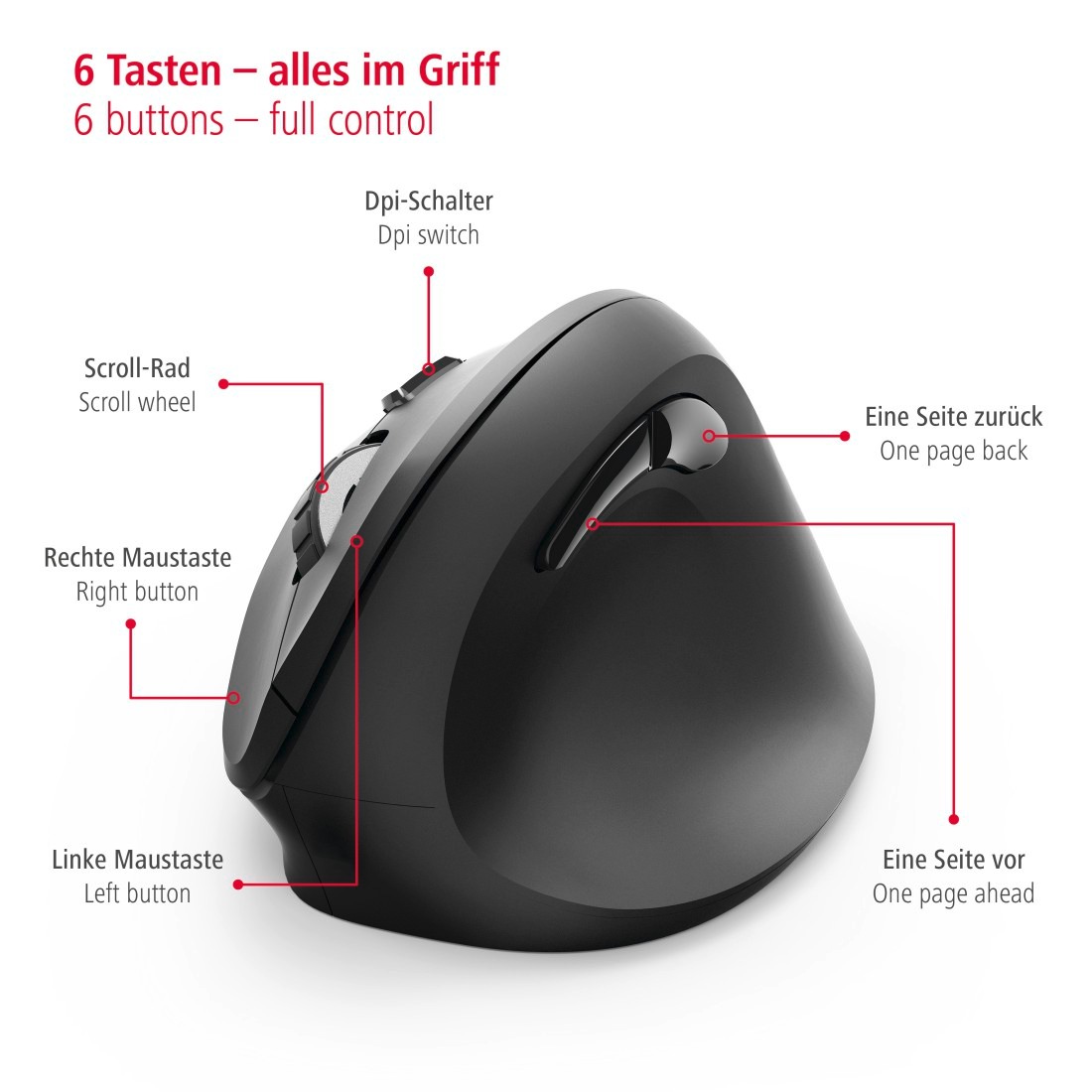 Hama ergonomische Maus »Ergonomische vertikale Funkmaus für PC Laptop, ohne Kabel, Schwarz«, USB-Funk, Vorbeugung Tennisarm/Mausarm