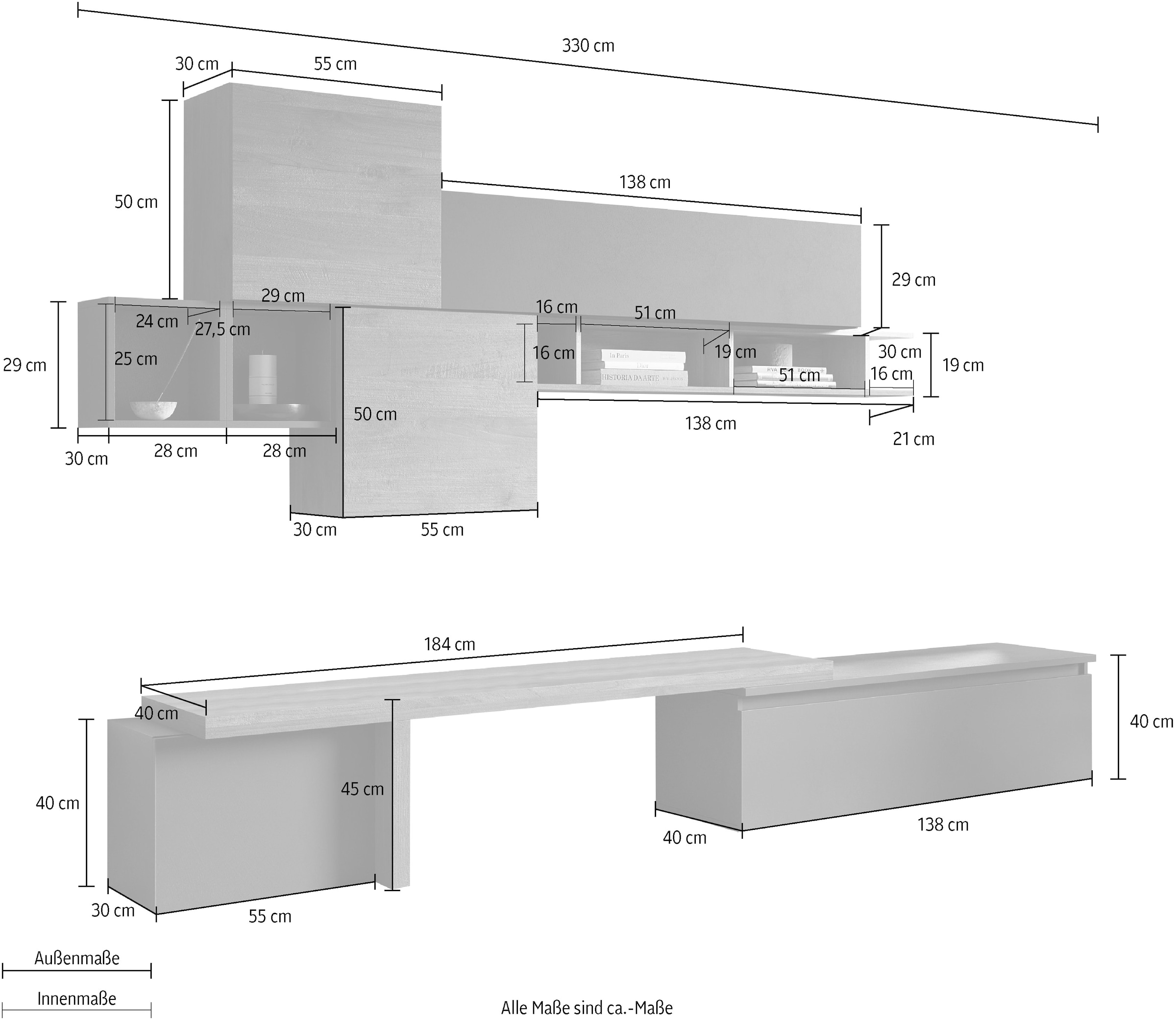 Home affaire Wohnwand »Infinity, 8tlg. Breite 330 cm, Höhe variabel (Lowboard, T-Boden,«