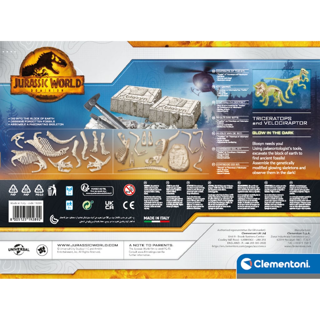 Clementoni® Experimentierkasten »Jurassic World 3, Ausgrabungs-Set Triceratops & Velociraptor«, Made in Europe