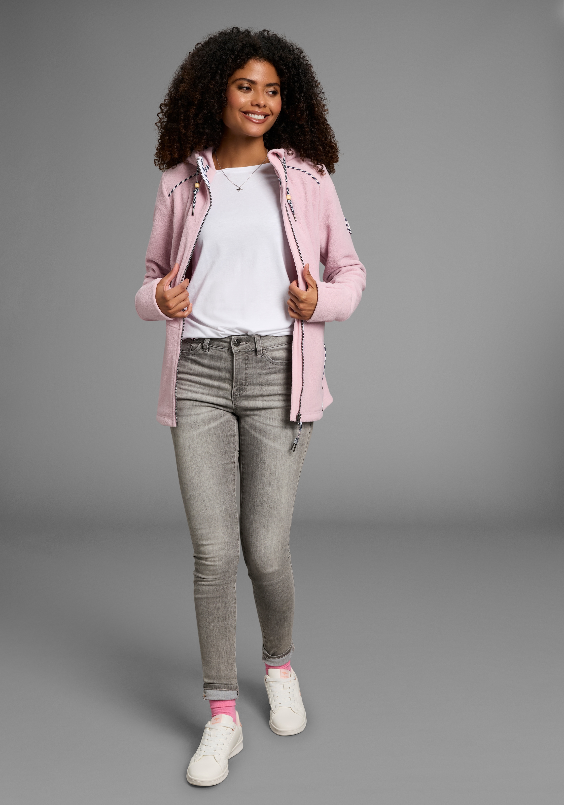KangaROOS Fleecejacke, mit Kapuze, figurbetonte Passform, mit Kapuze und Kordelzug, Übergangsjacke