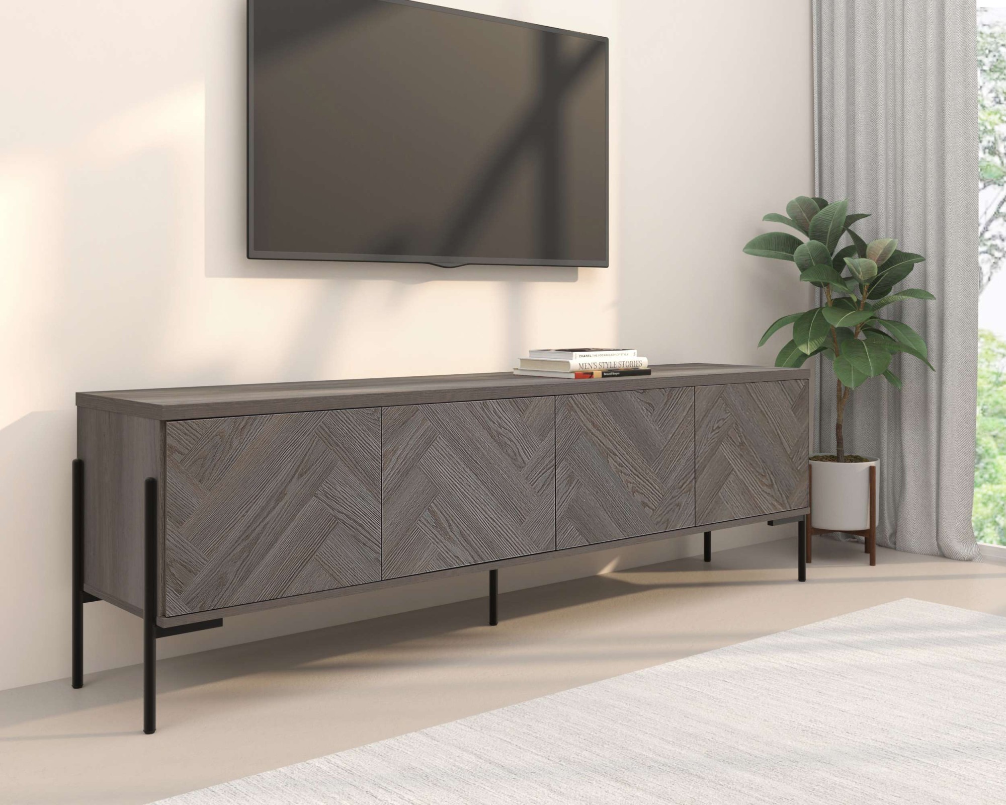 OTTO home Lowboard »Eadwine« TV-Kommode, Push-to-open, Türen mit Fischgräten Muster, Breite 175 cm