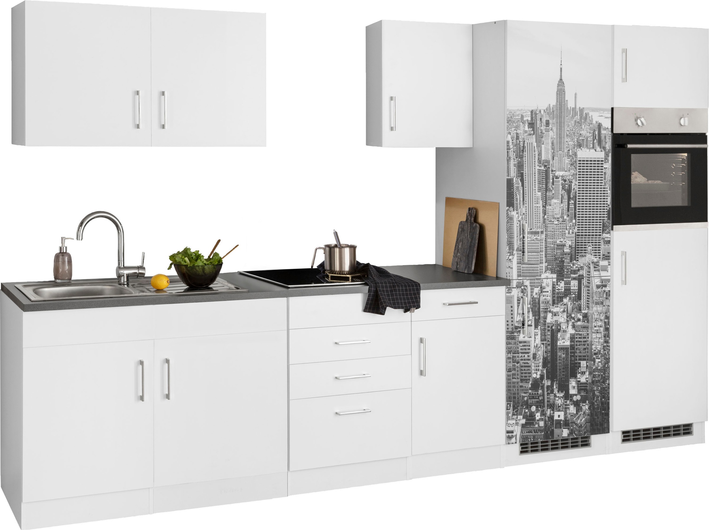 KOCHSTATION Küchenzeile »KS-Paris – Küchen mit einzigartigen Fotomotiven auf den Fronten« Breite 330 cm, wahlweise mit E-Geräten und Induktion