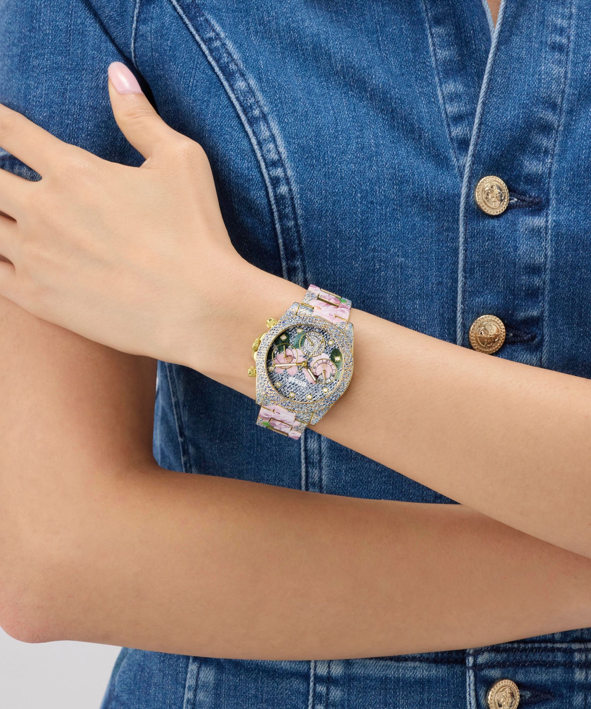 Guess Multifunktionsuhr »ROSALIE« Quarzuhr, Armbanduhr, Damenuhr, Edelstahlarmband, analog, Wochentag