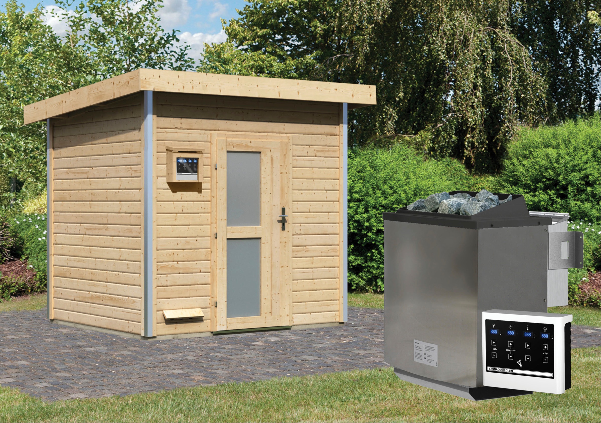 Karibu Saunahaus »Ralf« Set,  Ofen 9 kW Bio externe Strg easy