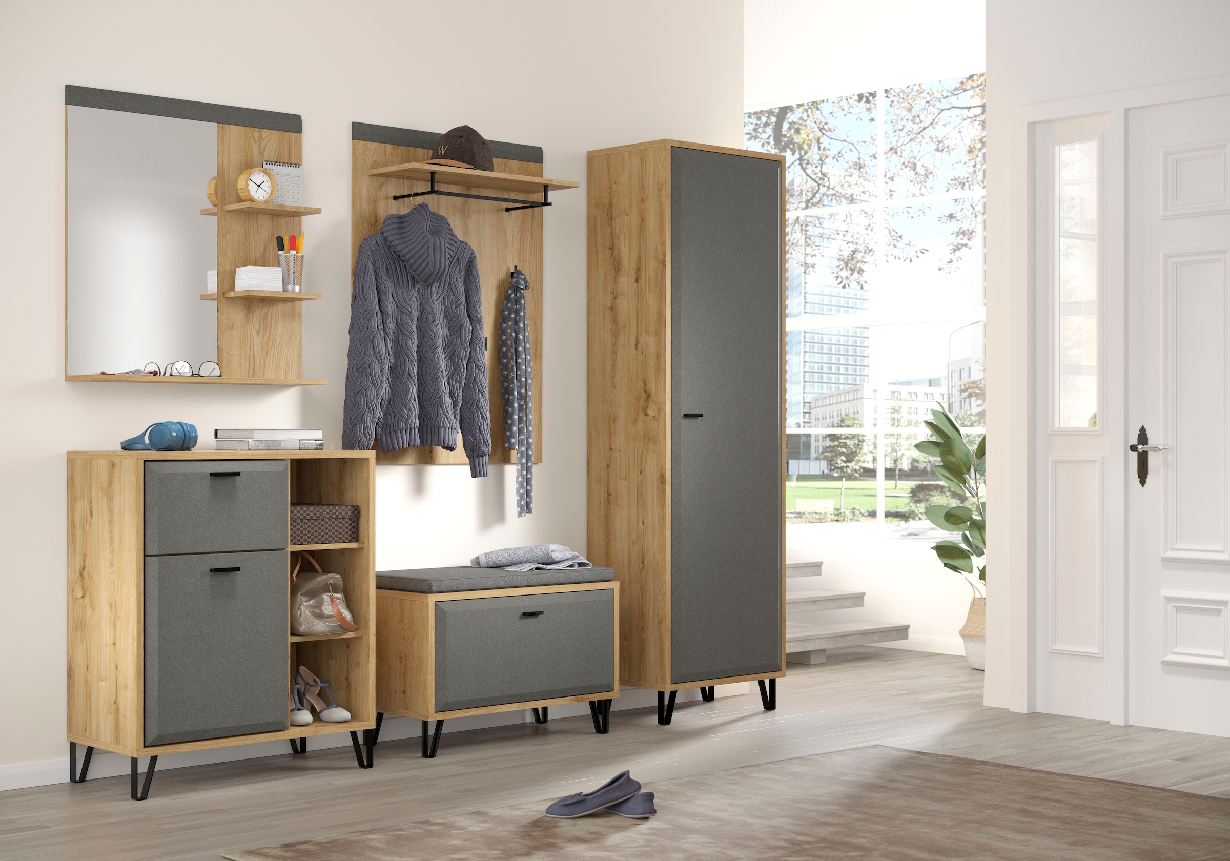 Places of Style Garderobenspiegel »Belva«, (1 St.), eichefarbener Wandspiegel mit 3 Ablagen - (B/T/H) 79/16/85 cm