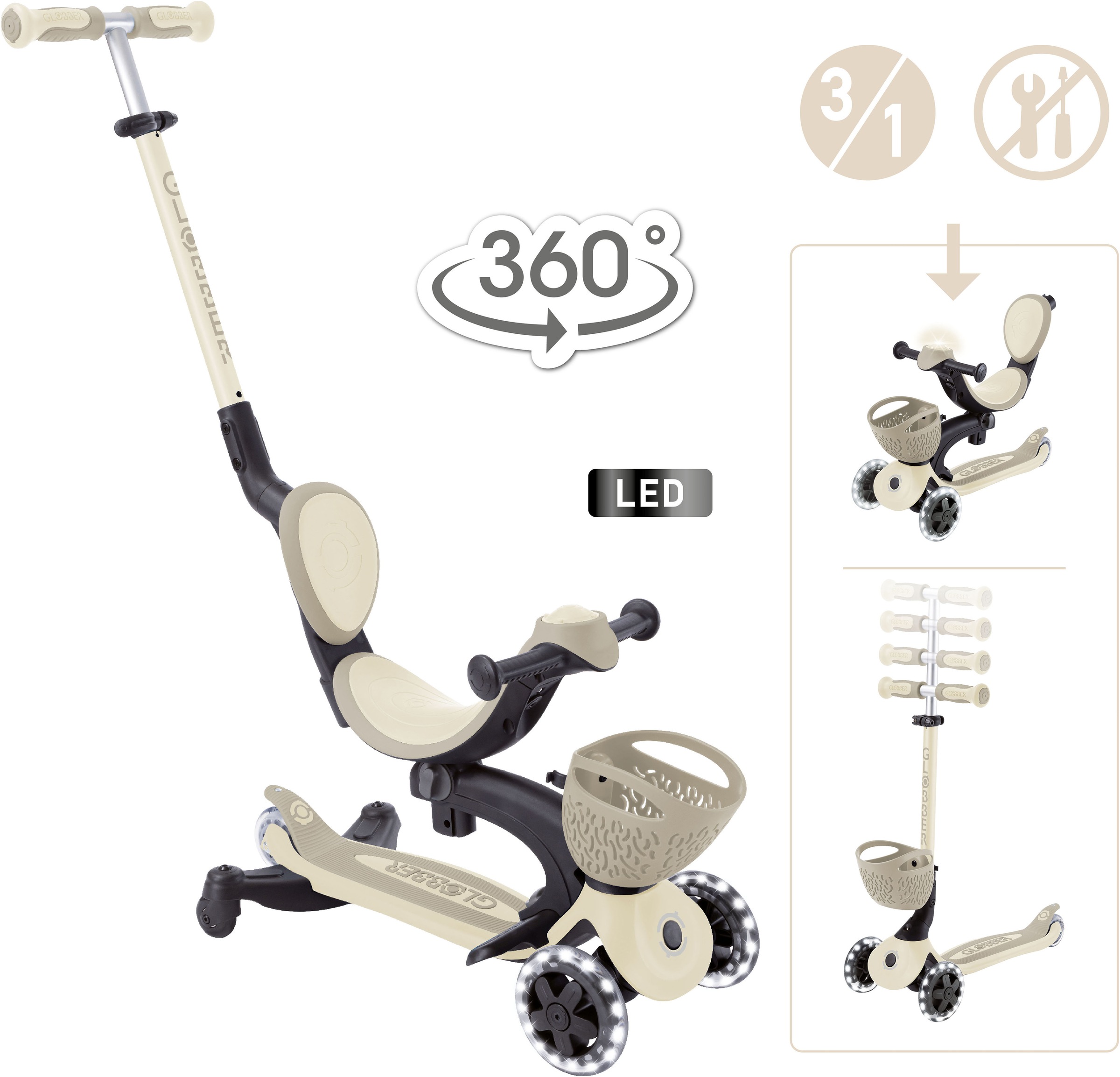 Globber Tretroller »GO-UP BABY 360 LIGHTS, mit Leuchtrollen und Leuchtmodul« Aufsitzrad, Laufrad und Scooter in Einem