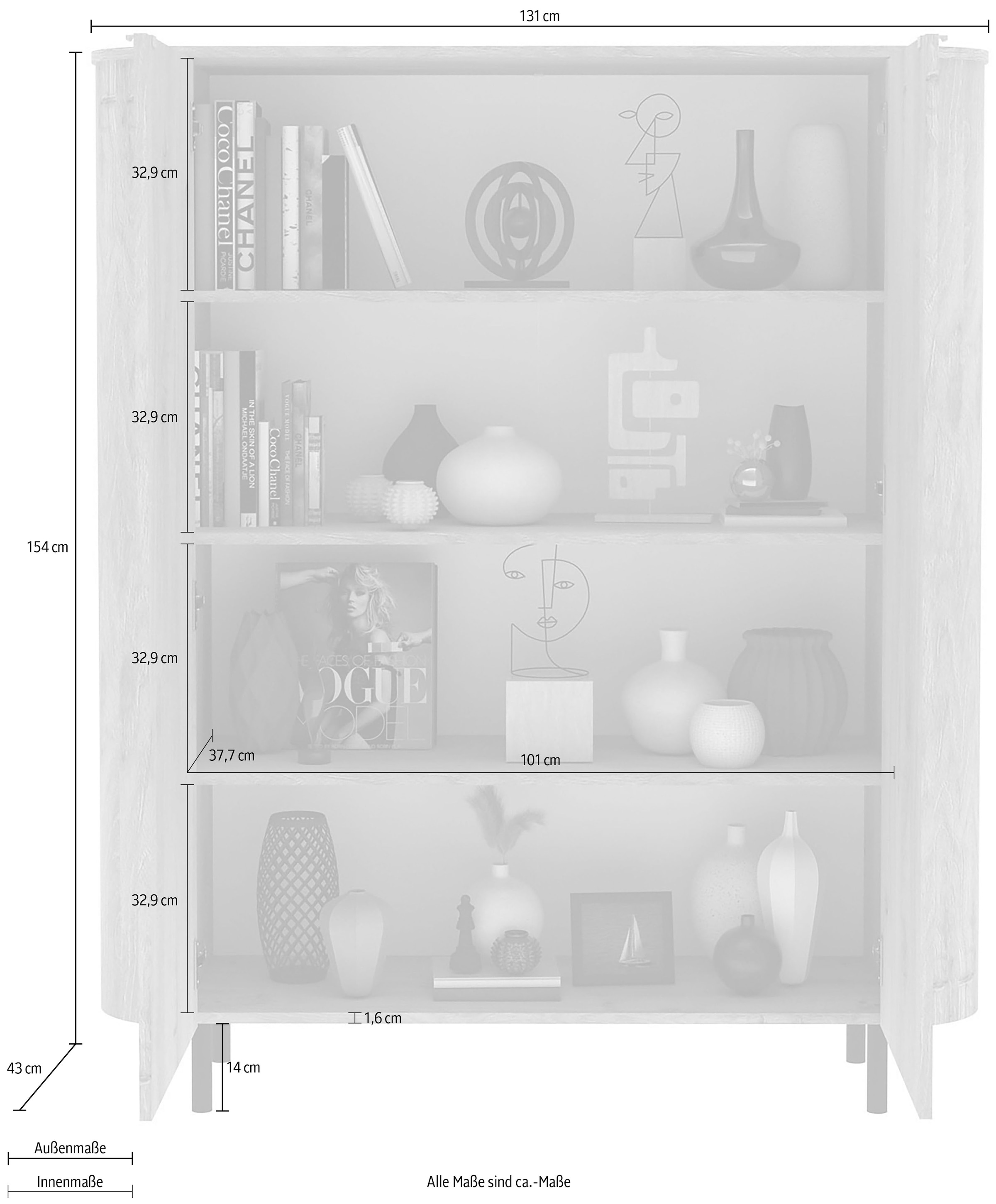 INOSIGN Highboard »Murano, B/H 131/154 cm, 2 Türen, Stauraumschrank, Hochkommode« Formgebogenes MDF, Stirnseiten mit Rundung, Füße und Griffe aus Metall