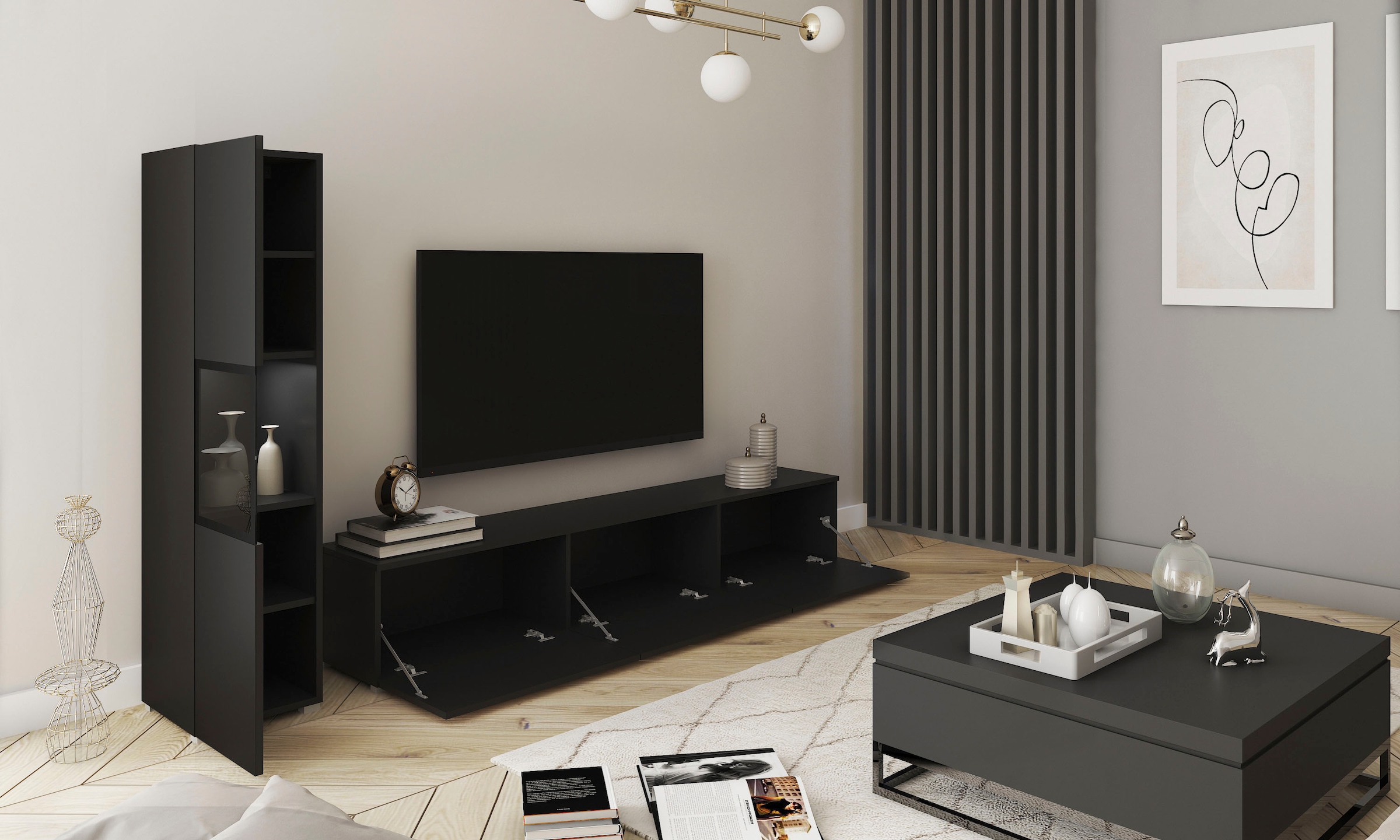 INOSIGN Wohnwand »BERLIN I, Vitrine Türschlag links/rechts wechselbar«, (Komplett-Set, 2 St.), moderne grifflose Mediawand Breite 220 cm, Vitrine mit Verglasung