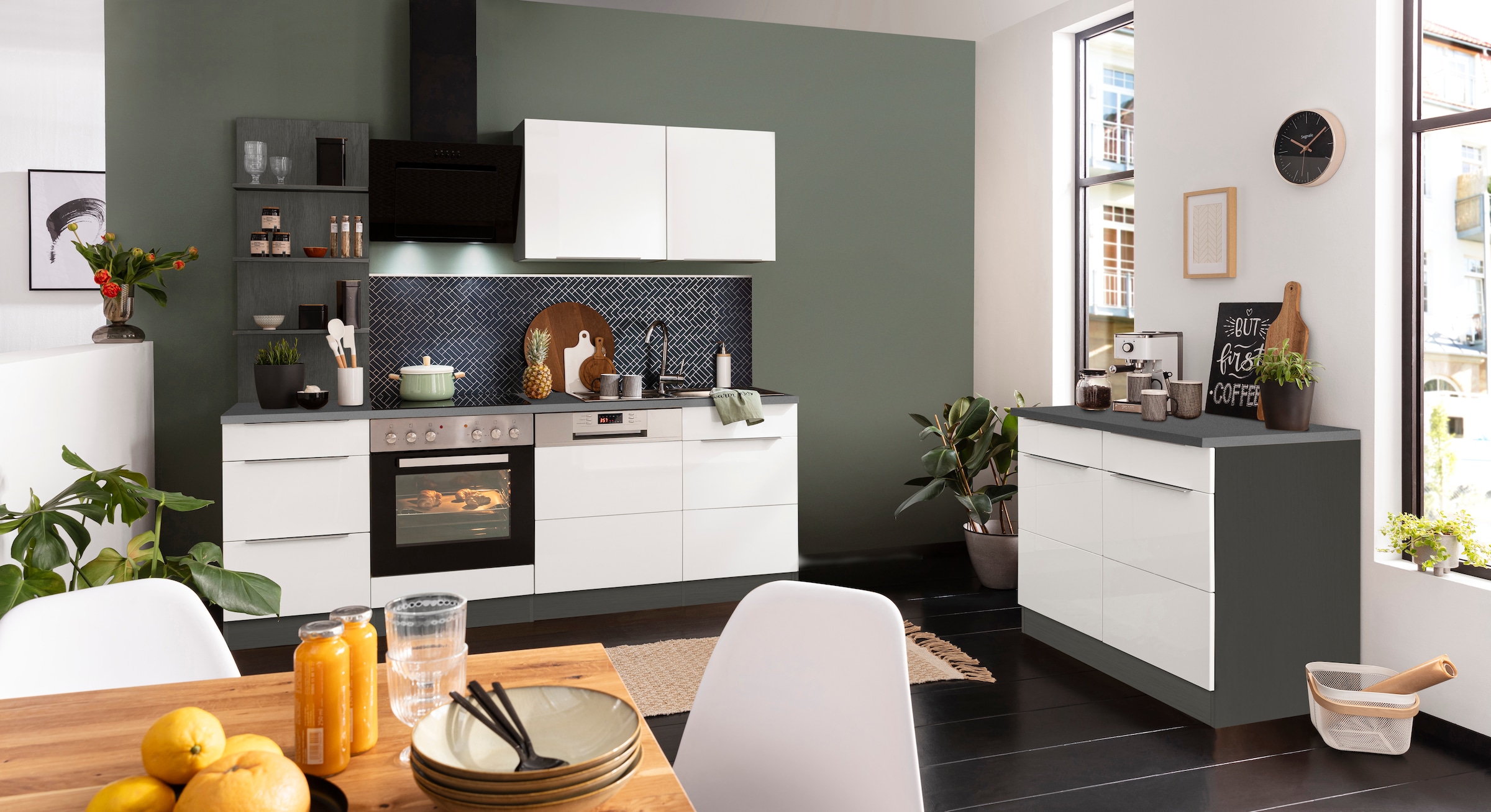 KOCHSTATION Küchenzeile »KS-Brindisi«, Breite 220 cm, wahlweise mit E-Geräten, mit MDF-Fronten und Regal