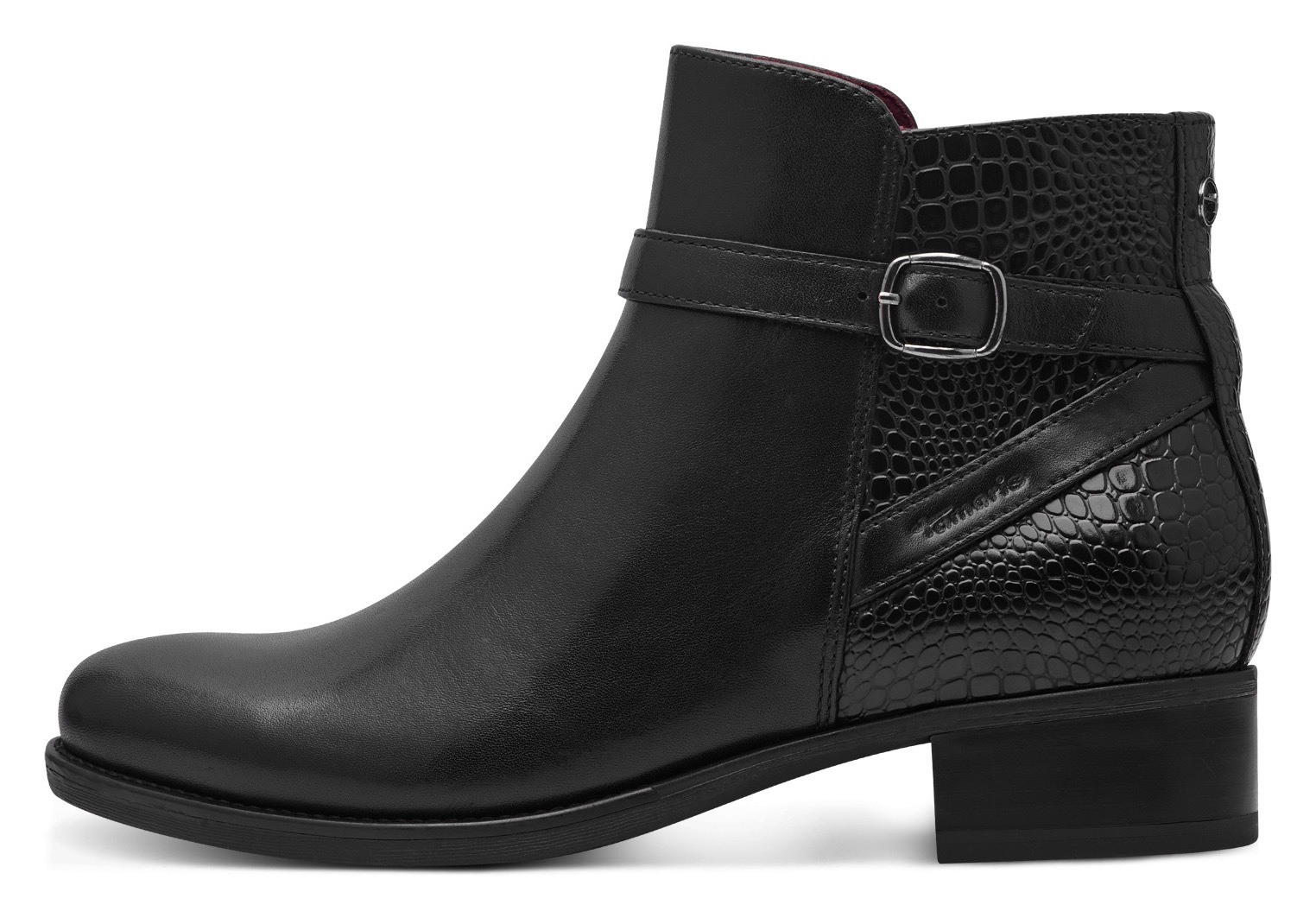 Tamaris Stiefelette, Blockabsatz, Businessschuh, Boots mit Zierschnalle und Logoprägung