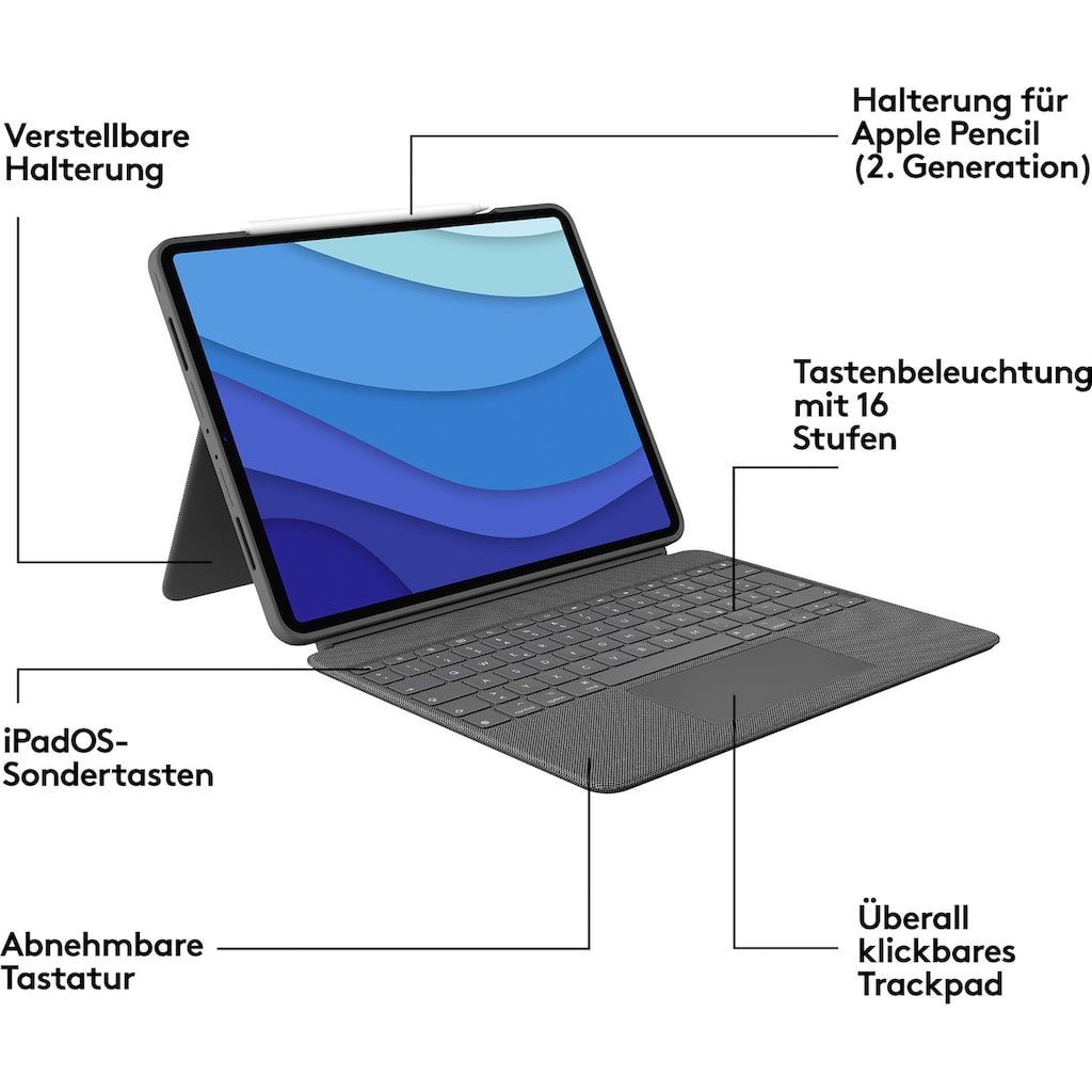 Logitech iPad-Tastatur »Combo Touch iPad Pro 12,9 (5. Gen - 2021) Keyboard Case«, (ausklappbare Füße-Multimedia-Tasten)