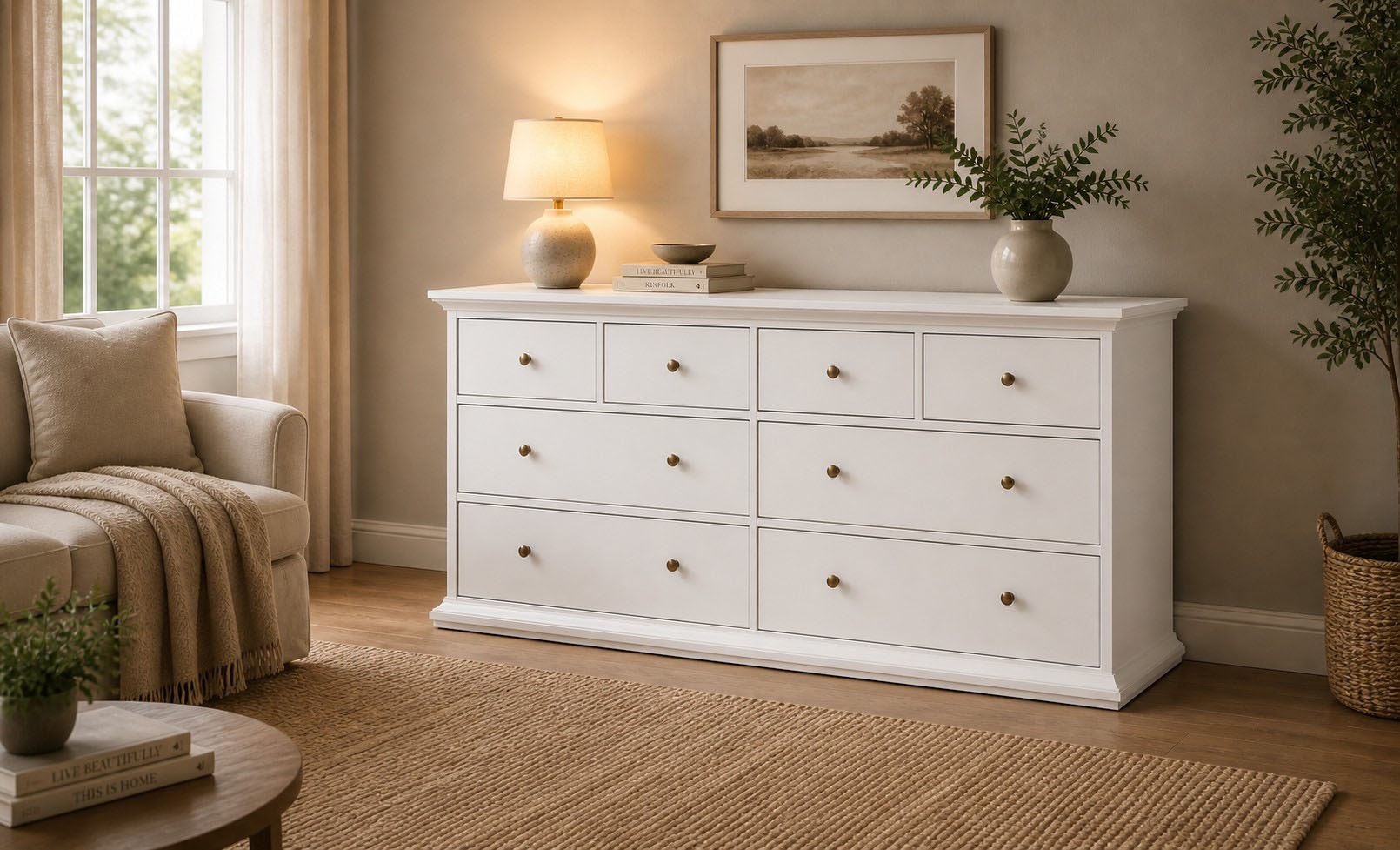 Home affaire Kommode »Paris, Aufbewahrung, Schubladenschrank, Stauraum, mit 8 Schubladen« Landhausstil, Elegant, geräumig, Breite 184 cm, Höhe 87 cm