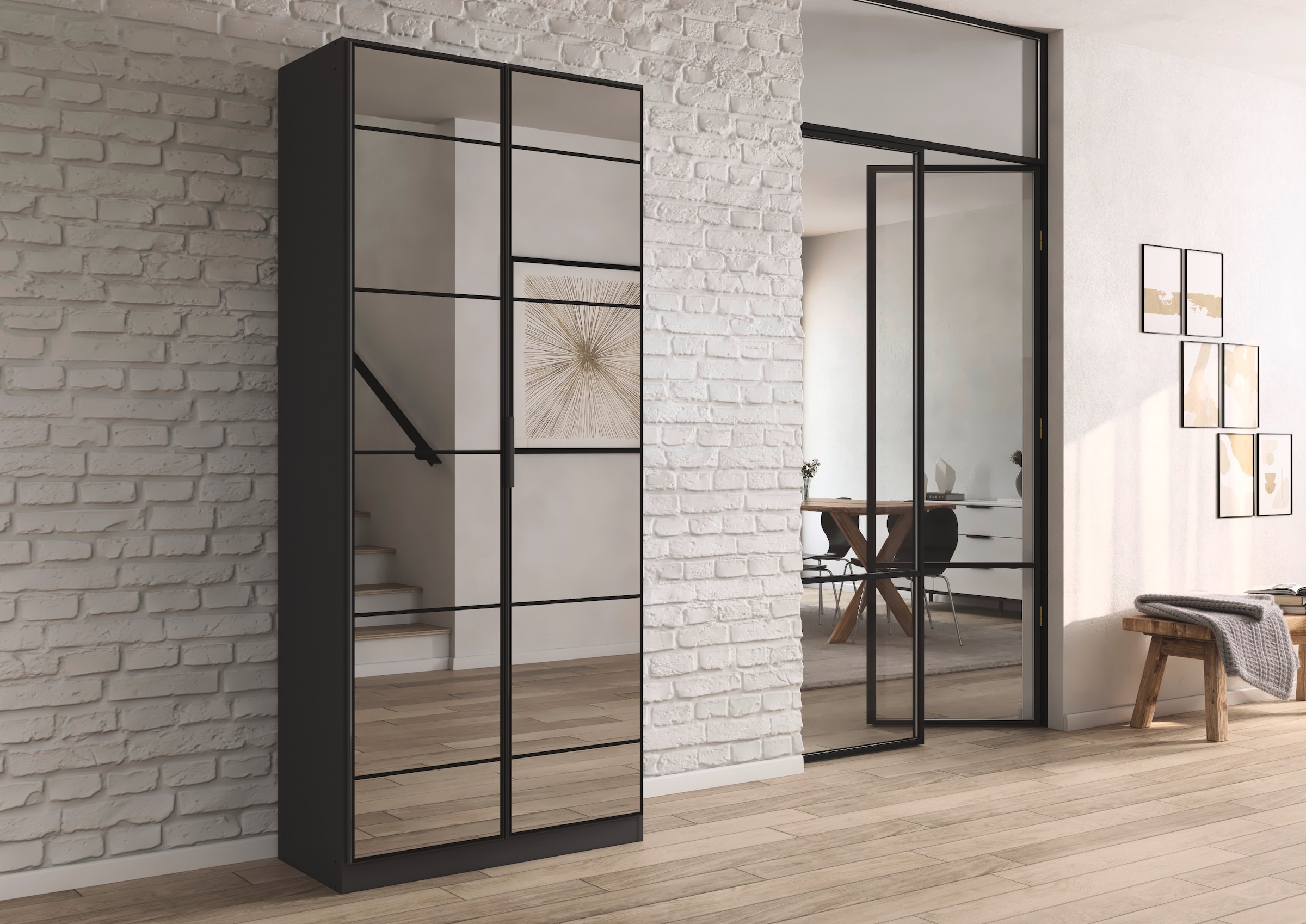 rauch Drehtürenschrank »Kleiderschrank Schrank Garderobe Schlafzimmerschrank ACERO« praktisch in Tiefe 41 cm mit vielen Einlegeböden,  Spiegelfront in moderner Loft-Optik MADE IN GERMANY