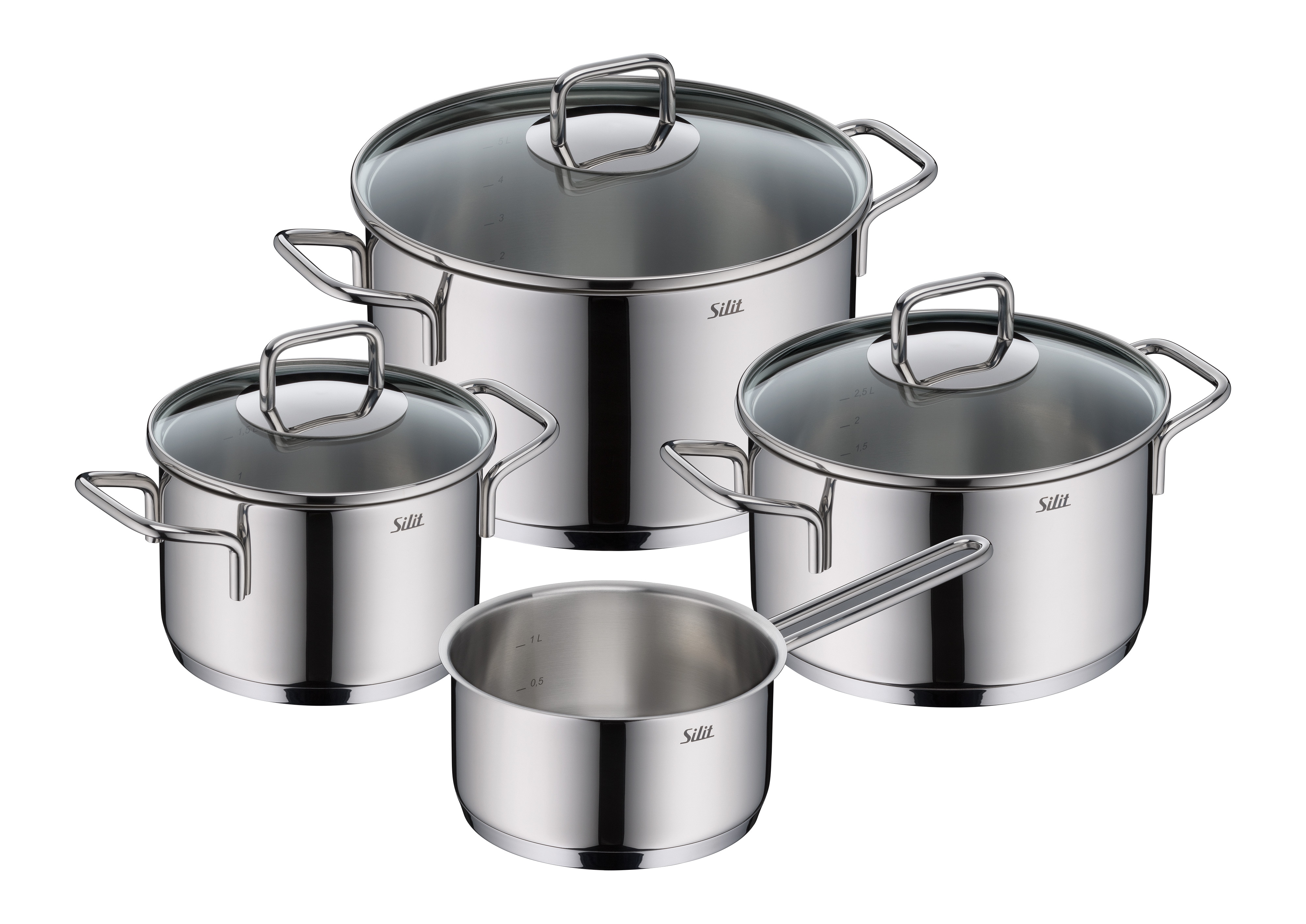 Silit Topf-Set "Extra Cook Induktion, Kochgeschirr-Set mit Glasdeckel, Innenskalierung" 3x Kochtöpfe 16/20/24 cm mit Deckel, 1x Stielkasserolle 16