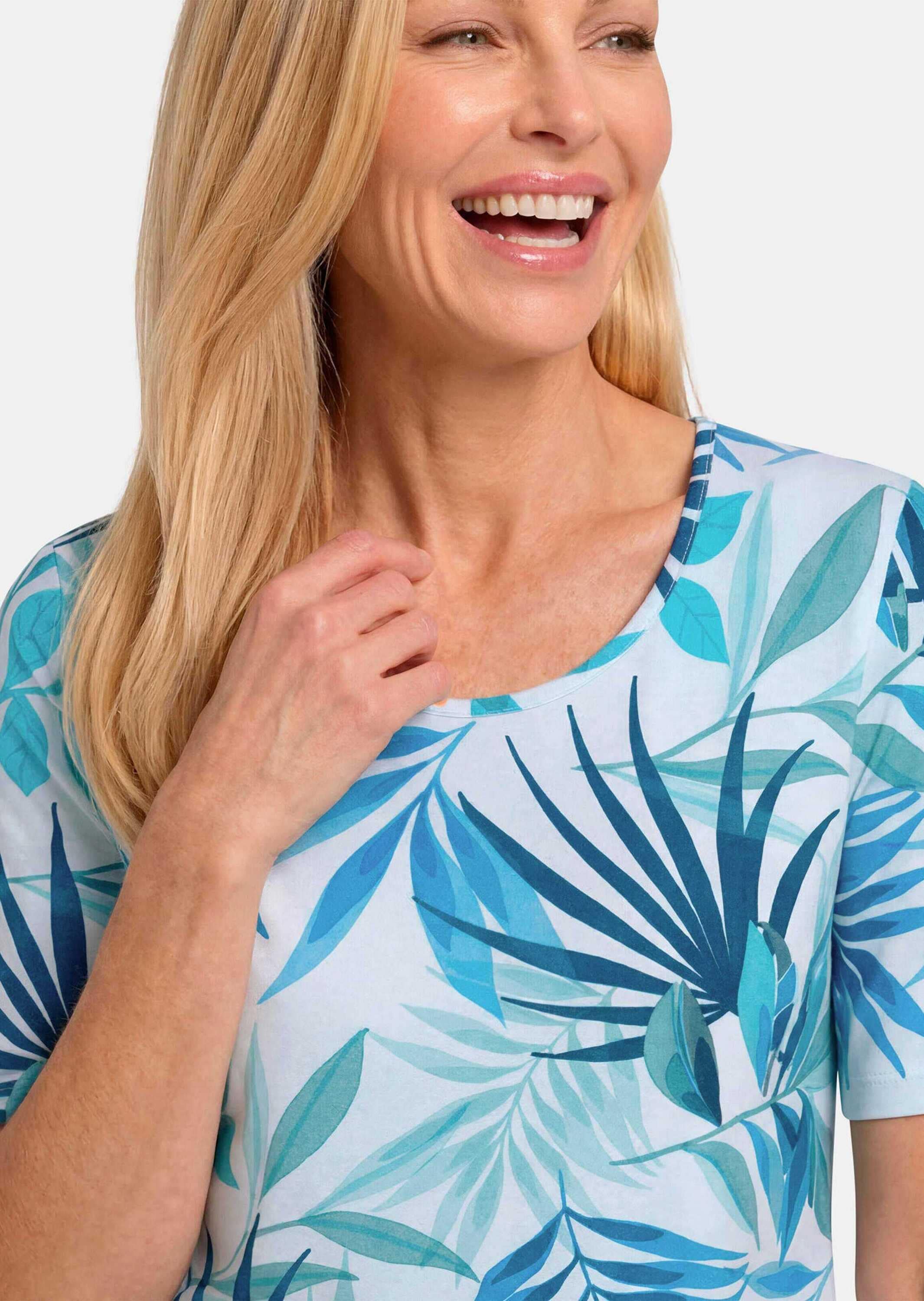 GOLDNER Kurzarmshirt »Kurzgröße Viskoseshirt mit sommerlichem Blätterprint« stretchbequemer Viskosejersey