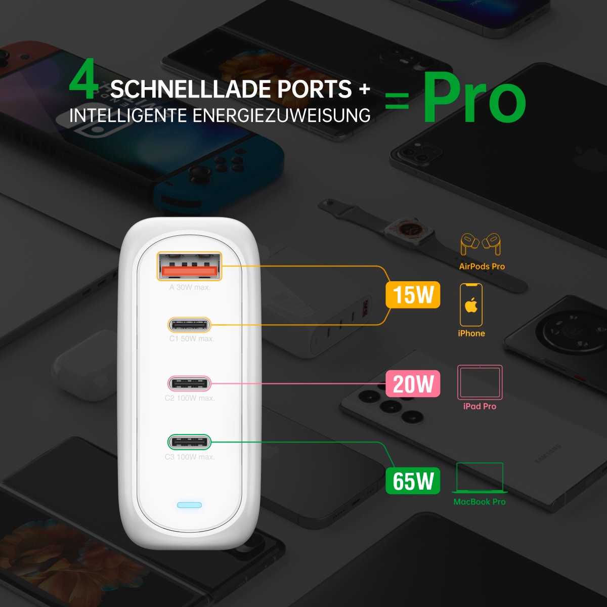 4smarts USB-Ladegerät »GaN Flex Pro 100W 3x USB-C + 1x USB-A, Travel Edition«, flexibel nutzbar mit EU-, UK- und US-Adaptern