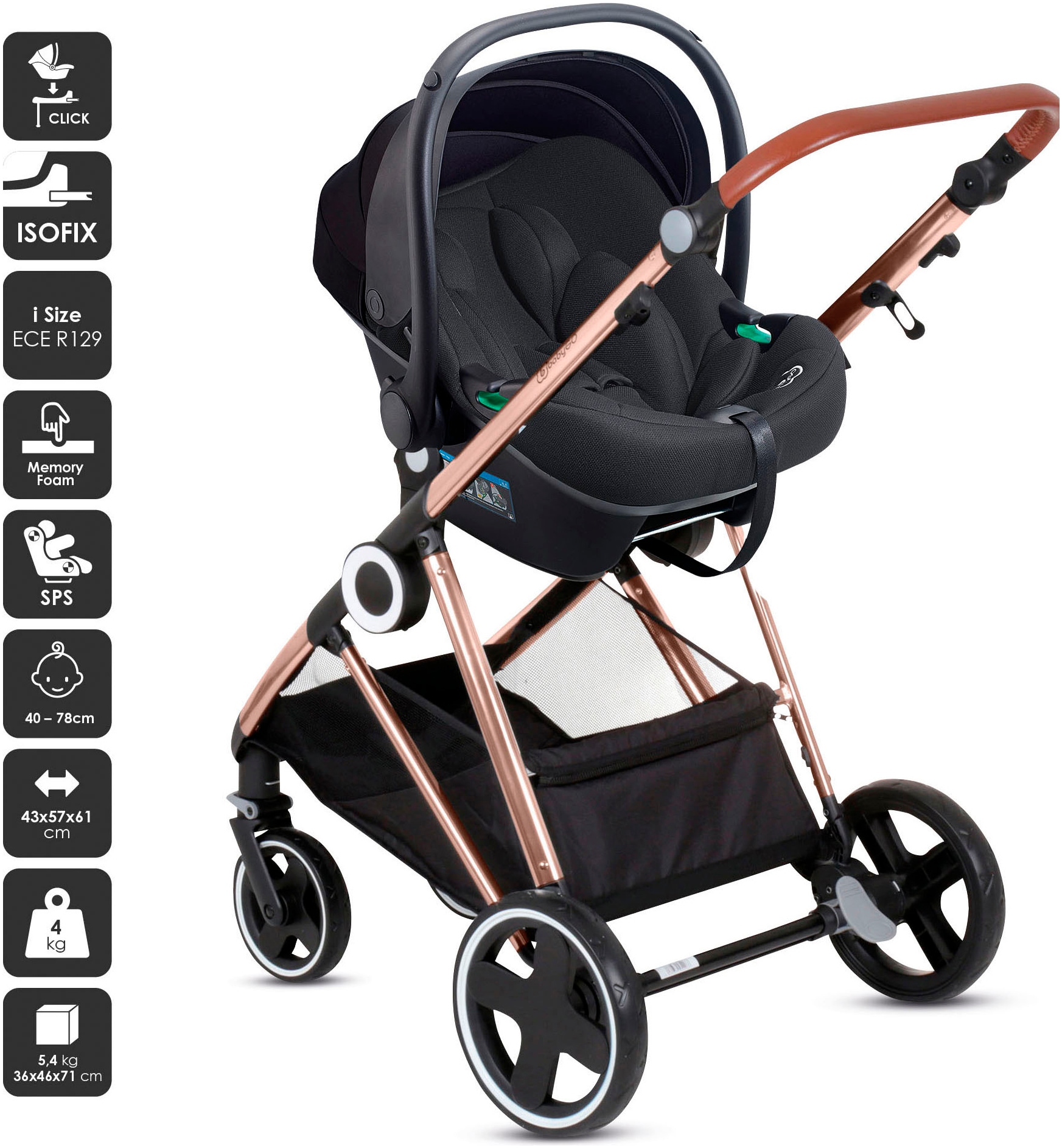 BabyGo Kombi-Kinderwagen »Halime 3in1«, inklusive Babywanne, Babyschale, Regenhaube & Wickeltasche