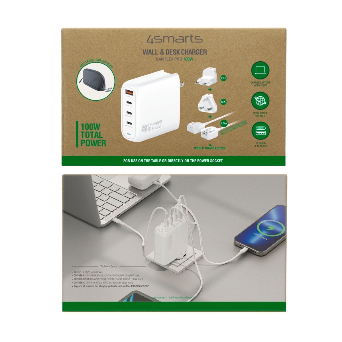 4smarts USB-Ladegerät »GaN Flex Pro 100W 3x USB-C + 1x USB-A, Travel Edition«, flexibel nutzbar mit EU-, UK- und US-Adaptern