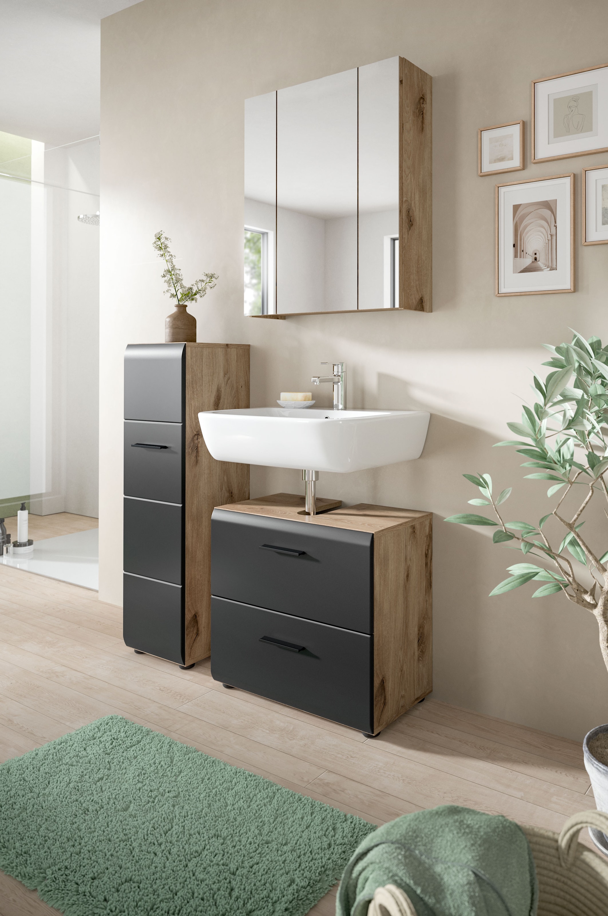 welltime Stauraumschrank »FLORENZ, Höhe 106 cm, 1 Tür, 4 Fächer, stehend & hängend montierbar« TOPSELLER!, 1 Stk. tlg. Türanschlag wechselbar, hochwertige MDF Front, Badschrank, Bad