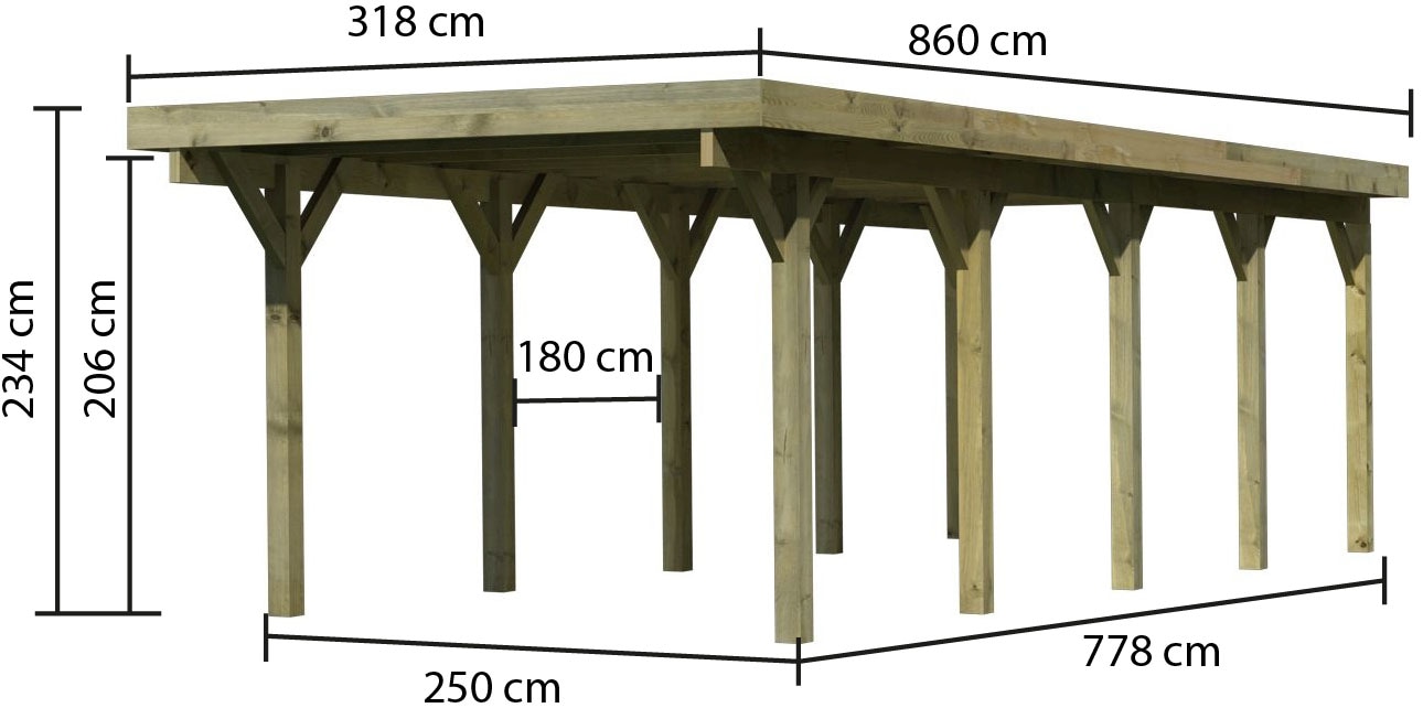 Karibu Einzelcarport »»Classic 3 SET« Stahl-Dach Variante A, kesseldruckimprägniert« Massivholz 250 cm KDI aus Masivholz