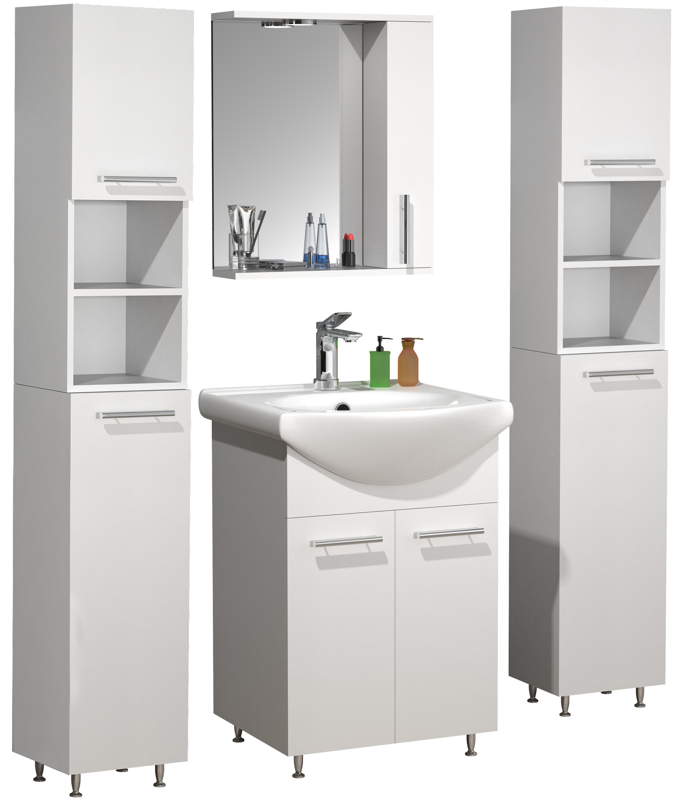 VCM Waschbeckenunterschrank »VCM 5-tlg. Waschplatz Waschtisch Badmöbel Set Waschbecken Drehtüren Spiegeschrank Hochschrank Lisalo M«, (5 St.)