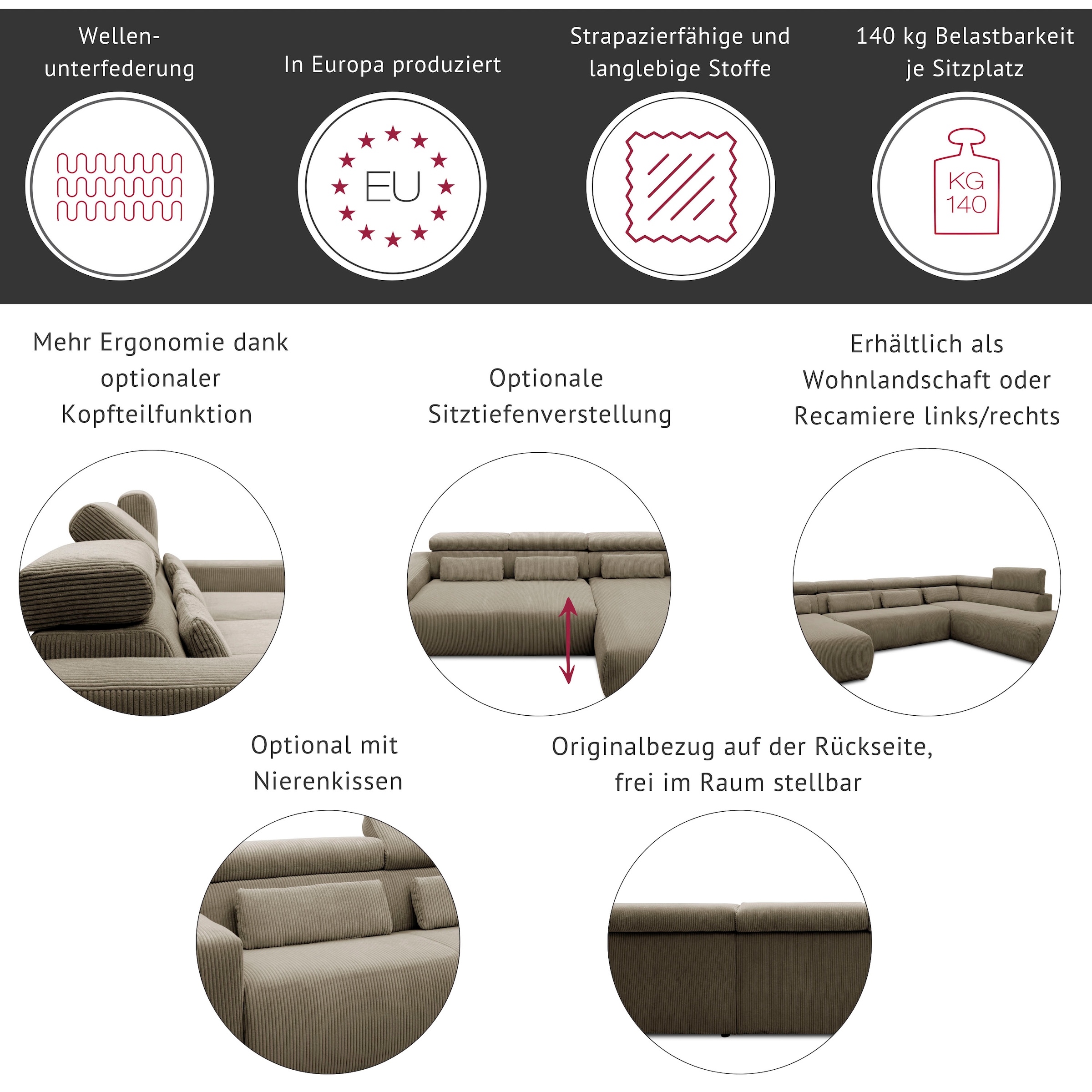 DOMO collection Ecksofa »Brandon  B/T: 289/177 cm, belastbar bis 140kg/ Sitz, L-Form« ohne Sitztiefenverstellung, Luxus-Microfaser, dunkelgrau