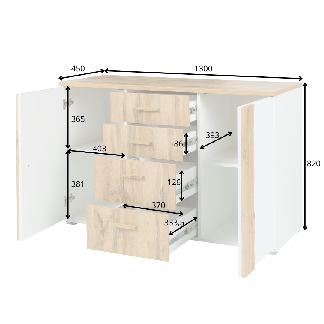 Home affaire Kommode »Kommode Fabella mit 4 Schubladen, 2 Einlegeböden, BxHxT 130x82x45 cm«, mit viel Stauraum, 2 Drehtüren