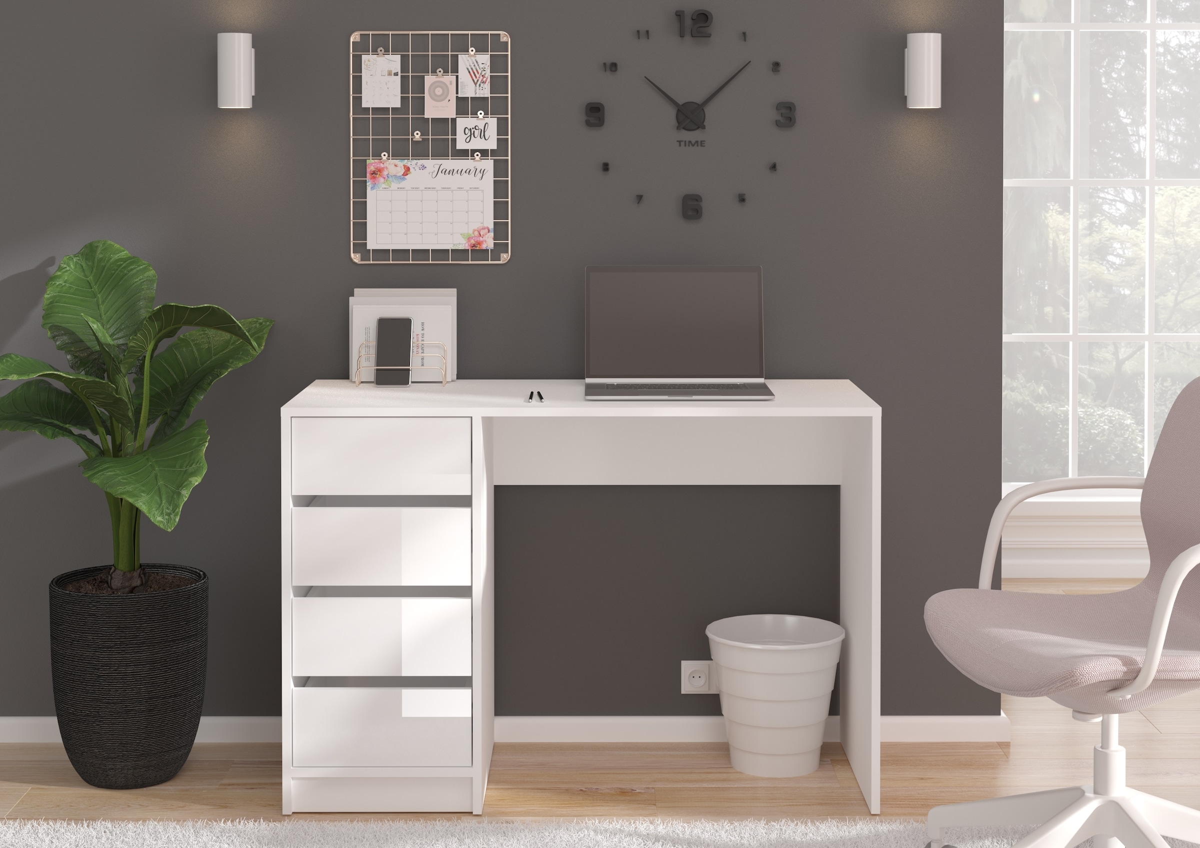 INOSIGN Schreibtisch »Pisa, Breite 110 cm, 4 Schubkästen, hochglanz Schubkastenfront«, grifflose Optik, individuell einsetzbar, Schminktisch, Homeoffice