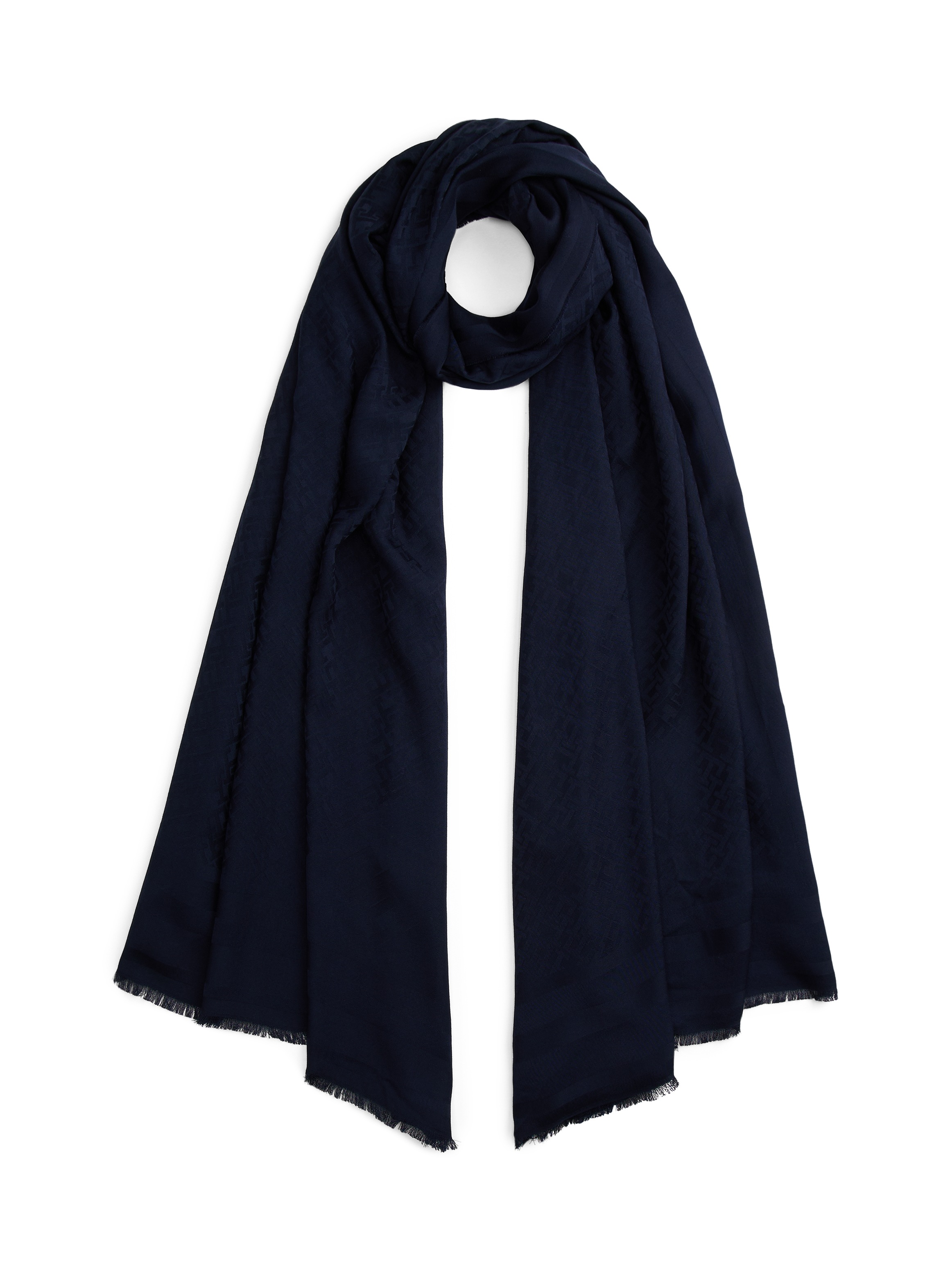 Tommy Hilfiger, Damen, Schal »TH MONOGRAM« mit Fransen und TH-Monogramm, Space Blue, Space Blue, Modischer Schal von Tommy Hilfiger