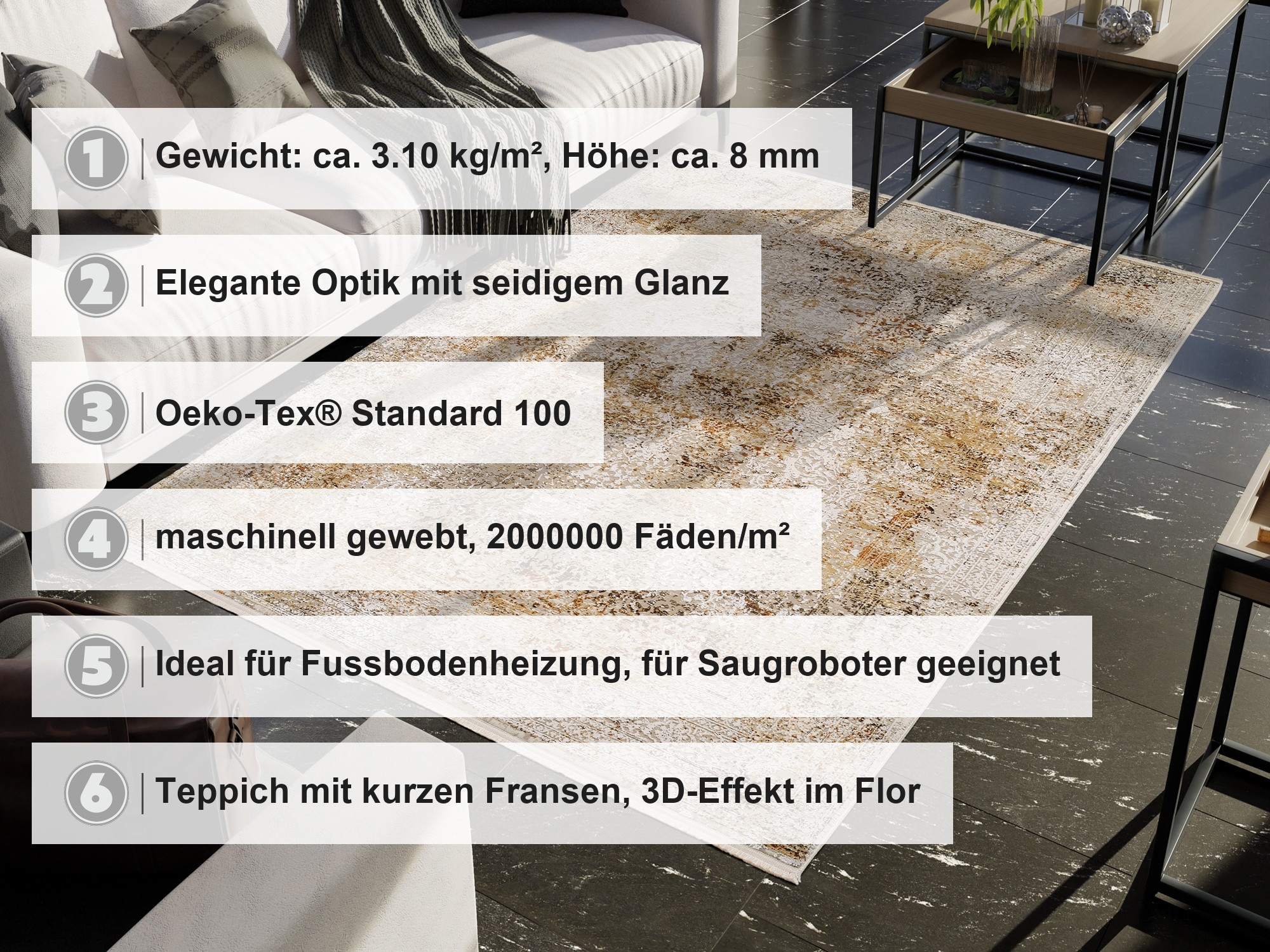 OCI DIE TEPPICHMARKE Teppich »BESTELLER CAVA , auch als Läufer und in Rund« rechteckig 8 mm Höhe Glanz Viskose, mit Fransen, Hoch Tief Struktur, Vintage, Wohnzimmer