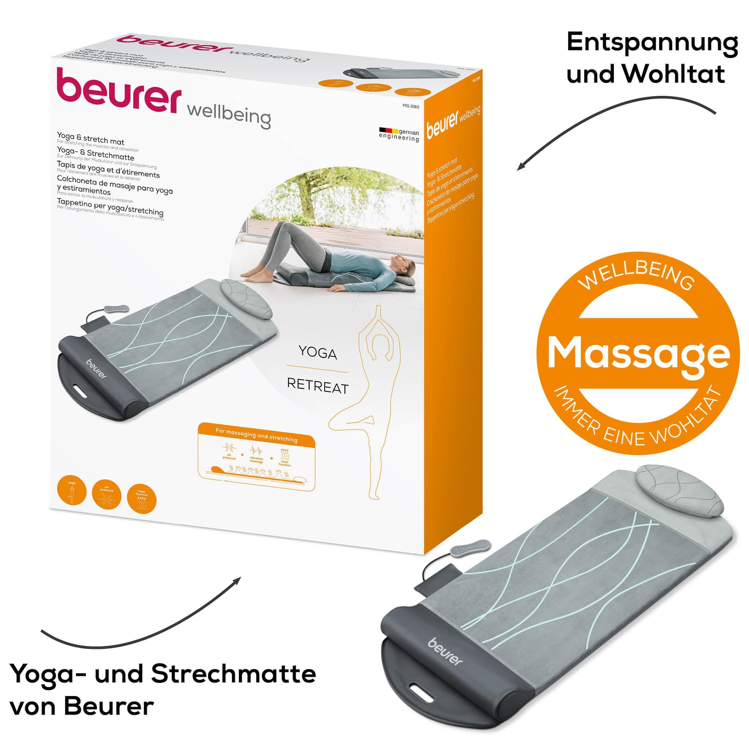 BEURER Massagematte »MG 280 Yoga-& Stretchmatte zum Dehnen & Stretchen«, 7 Luftkammern zur Imitation von Yoga- & Dehnübungen, mit Wärmefunktion