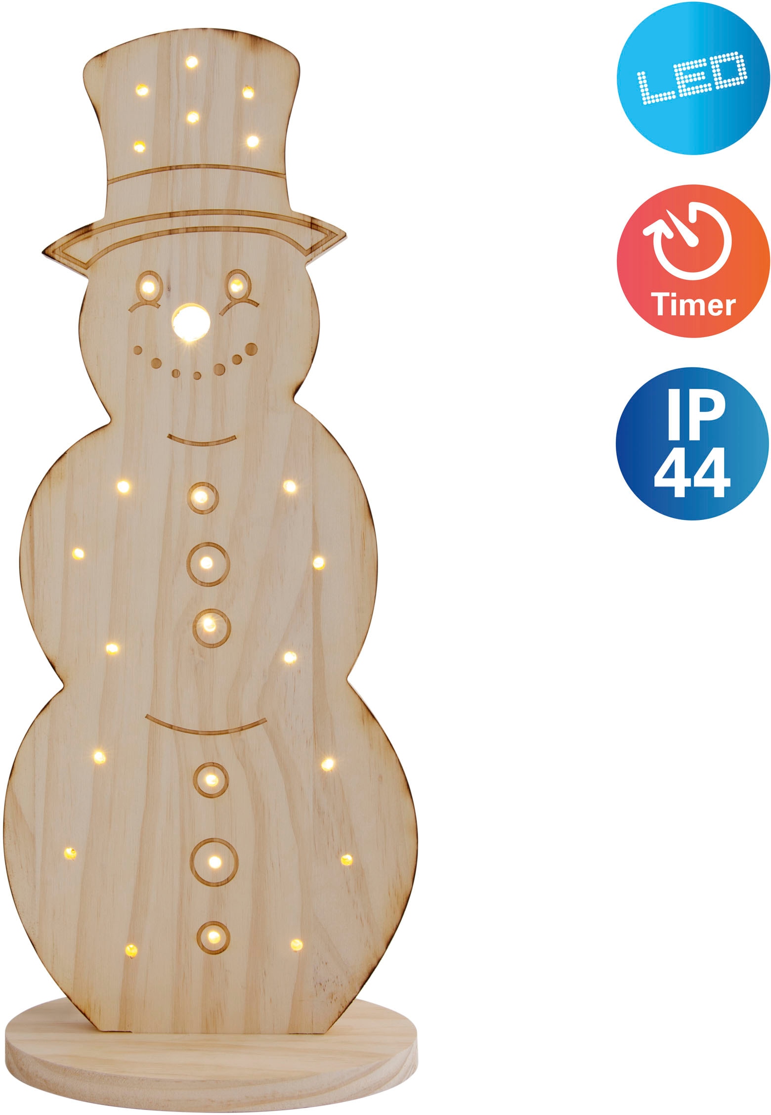 näve LED Dekoobjekt »Snowy, Weihnachtsdeko aus Holz«, Leuchtmittel LED-Board | LED fest integriert, Schneemann aus Holz, inkl. Timer, Höhe ca. 80 cm, Batteriebetrieb
