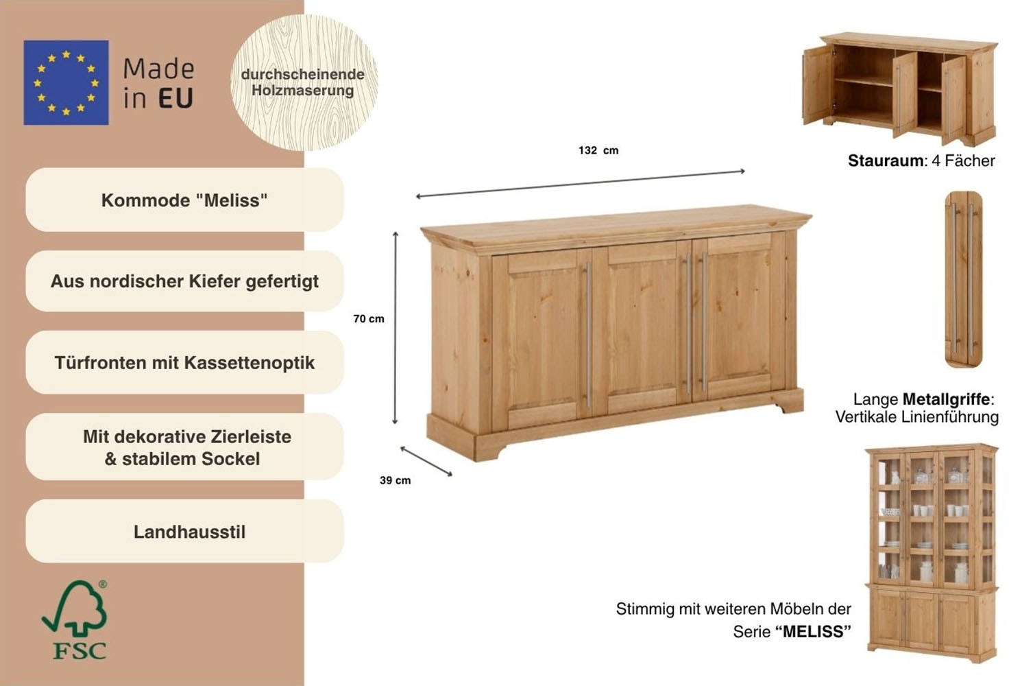 OTTO home Kommode »Meliss« aus massiver Kiefer, FSC® zertifiziert, 3-türig, Breite 132 cm