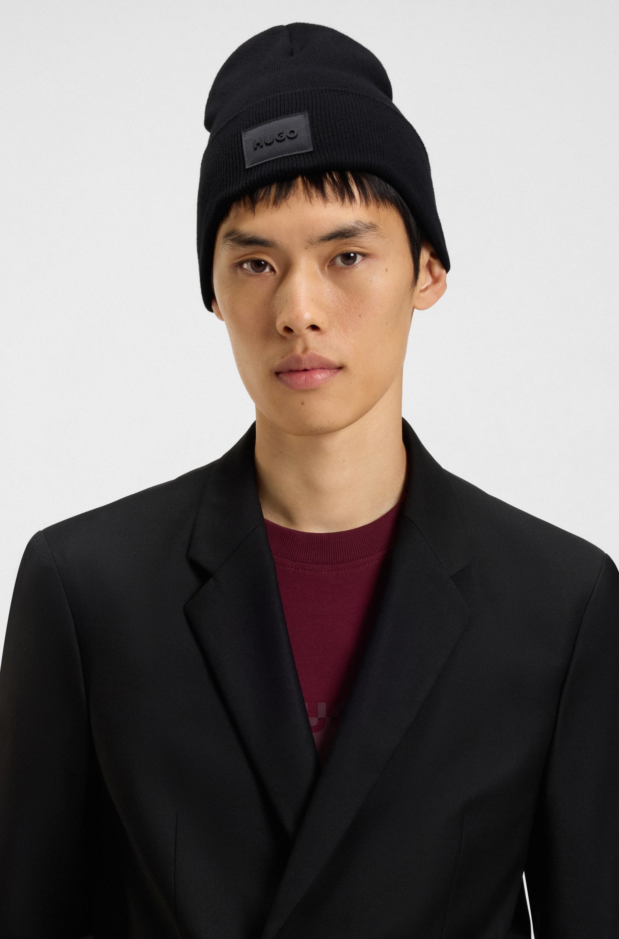 HUGO Strickmütze »Xevon« mit Label-Aufnäher, Baumwolle