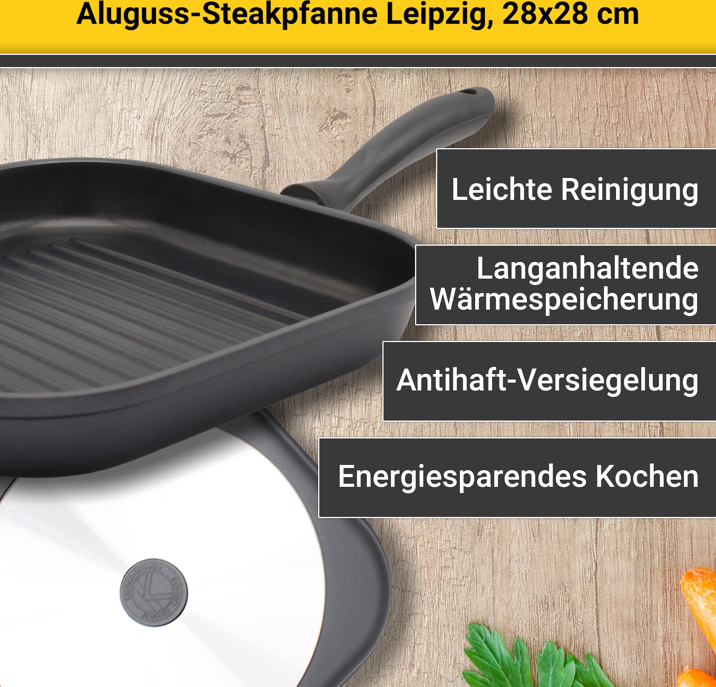 Krüger Steakpfanne »Aluguss Grill-/ Steakpfanne LEIPZIG, 28 x 28 cm«, Aluminiumguss, (1 tlg.), hochwertige Antihaft-Versiegelung