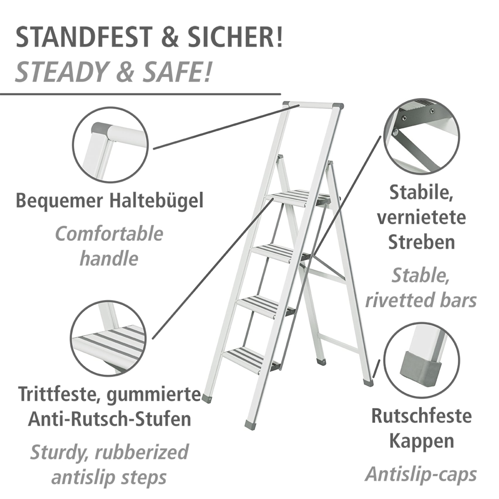 WENKO Trittleiter »Modell Alu-Design«, Klapptritt Leiter, rutschsichere XXL-Stufen, klappbar, bis 150 kg