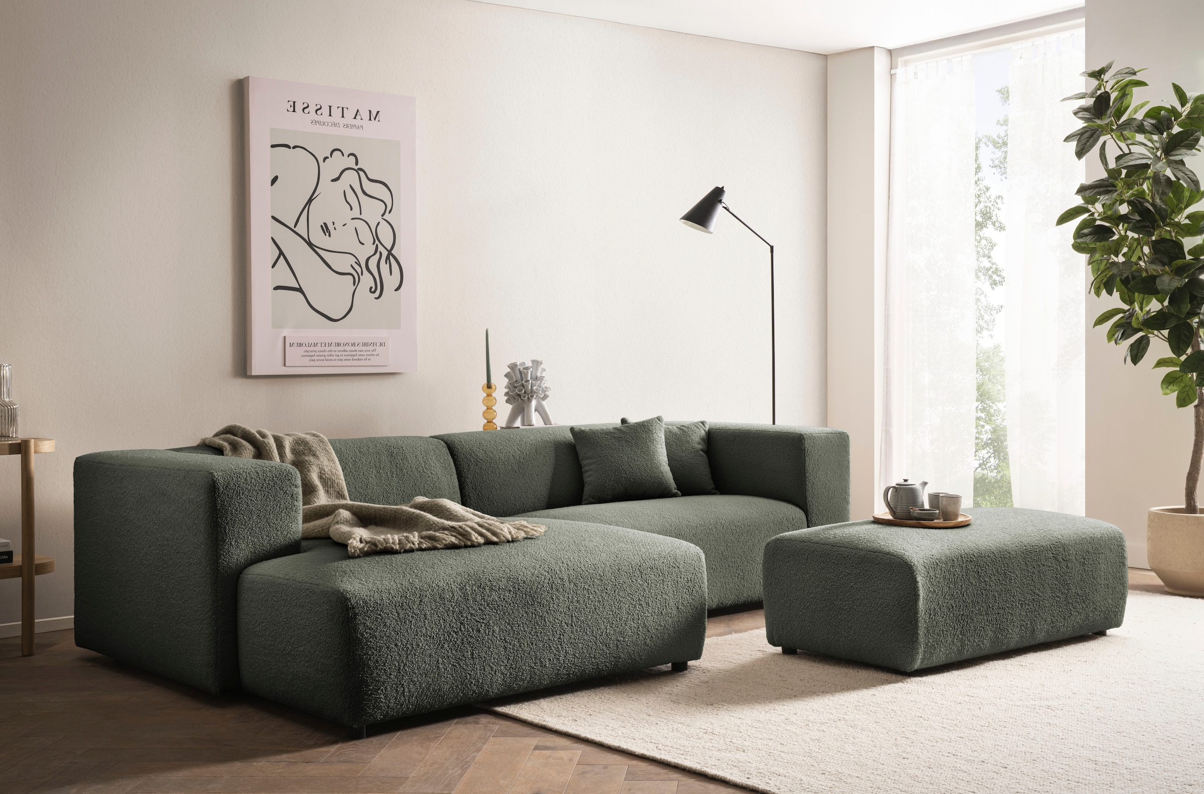 andas Ecksofa »BAKELS, L-Form in Cord oder Boucle-Stoff, moderne Couch«, wahlweise Recamiere rechts/links, bequemer Sitzkomfort