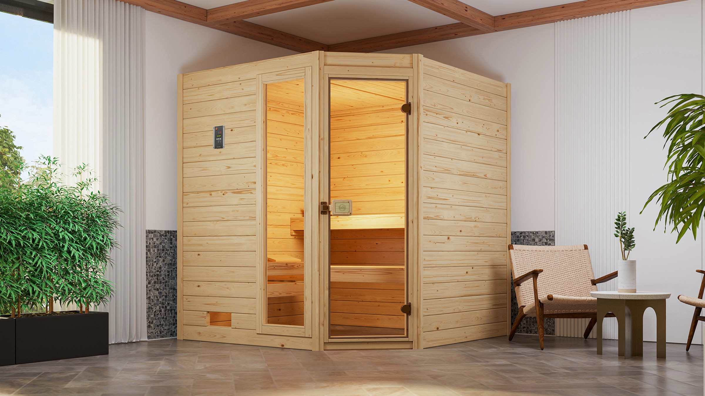 weka Sauna »Massivholzsauna VALIDA Eck 2« Blockbohlen, Fensterelement, moderne Ganzglastür