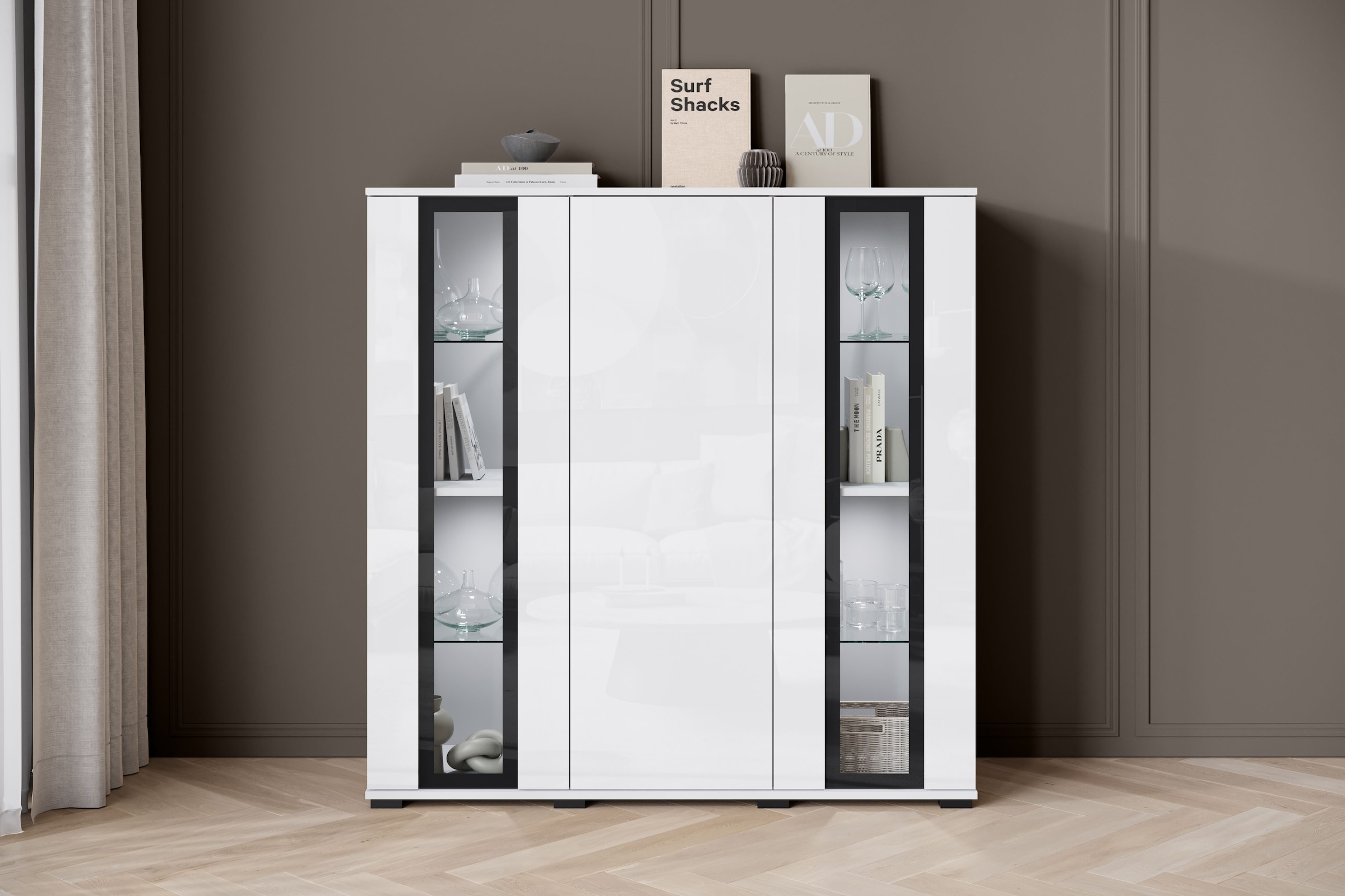 Home affaire Highboard »Caro, modernes Design mit Glaseinsätzen, Breite 120 cm« 1 Stk. tlg. grifflose Fronten mit Push-to-Open, höhenverstellbare Einlegeböden