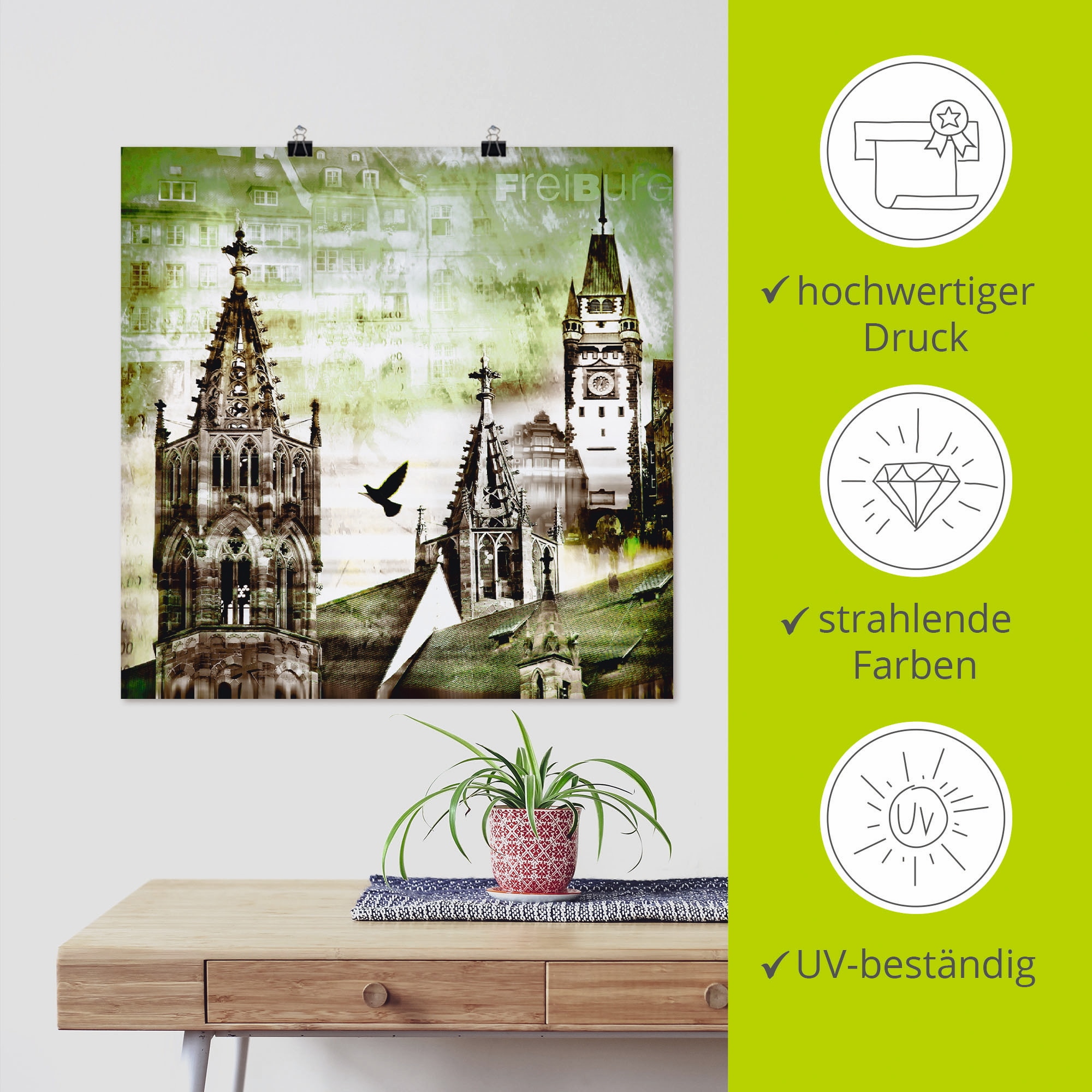 Artland Poster »Freiburg Skyline Abstrakte Collage«, Architektonische Elemente, (1 St.), als Leinwandbild, Wandaufkleber oder Poster in versch. Größen
