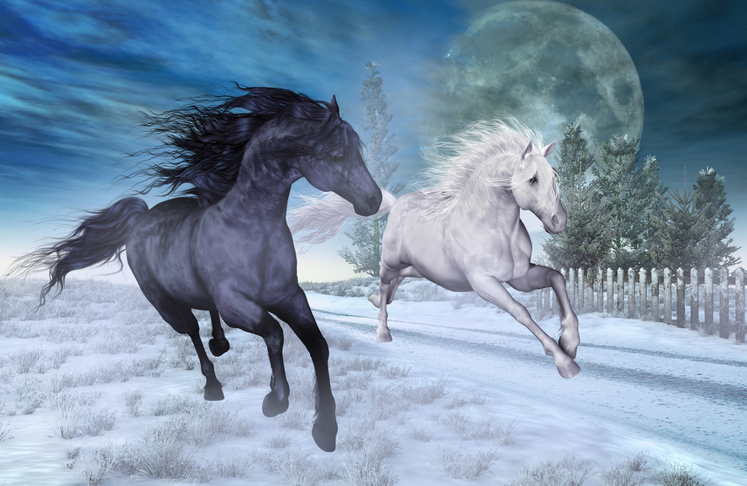 Papermoon Fototapete »PFERDE-NATUR MOND TIERE PONY BÄUME PFERD WANDBILD DEKO«
