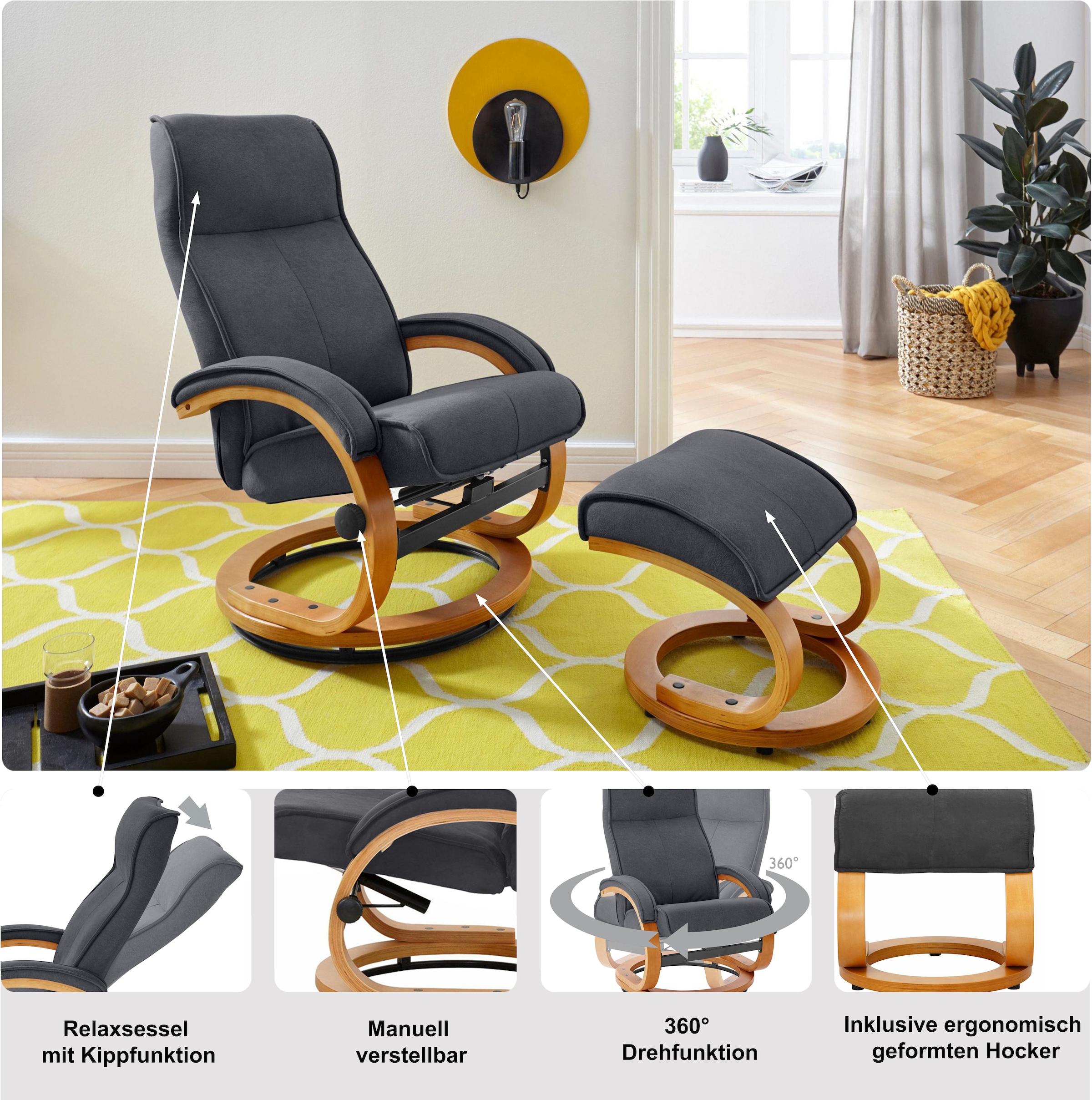 INOSIGN Relaxsessel »Lille, TV-Sessel, Sessel mit Hocker, Wohnzimmer,« Schlaffunktion, Luxus-Microfaser Bezug und Holzgestell, Sitzhöhe 46 cm