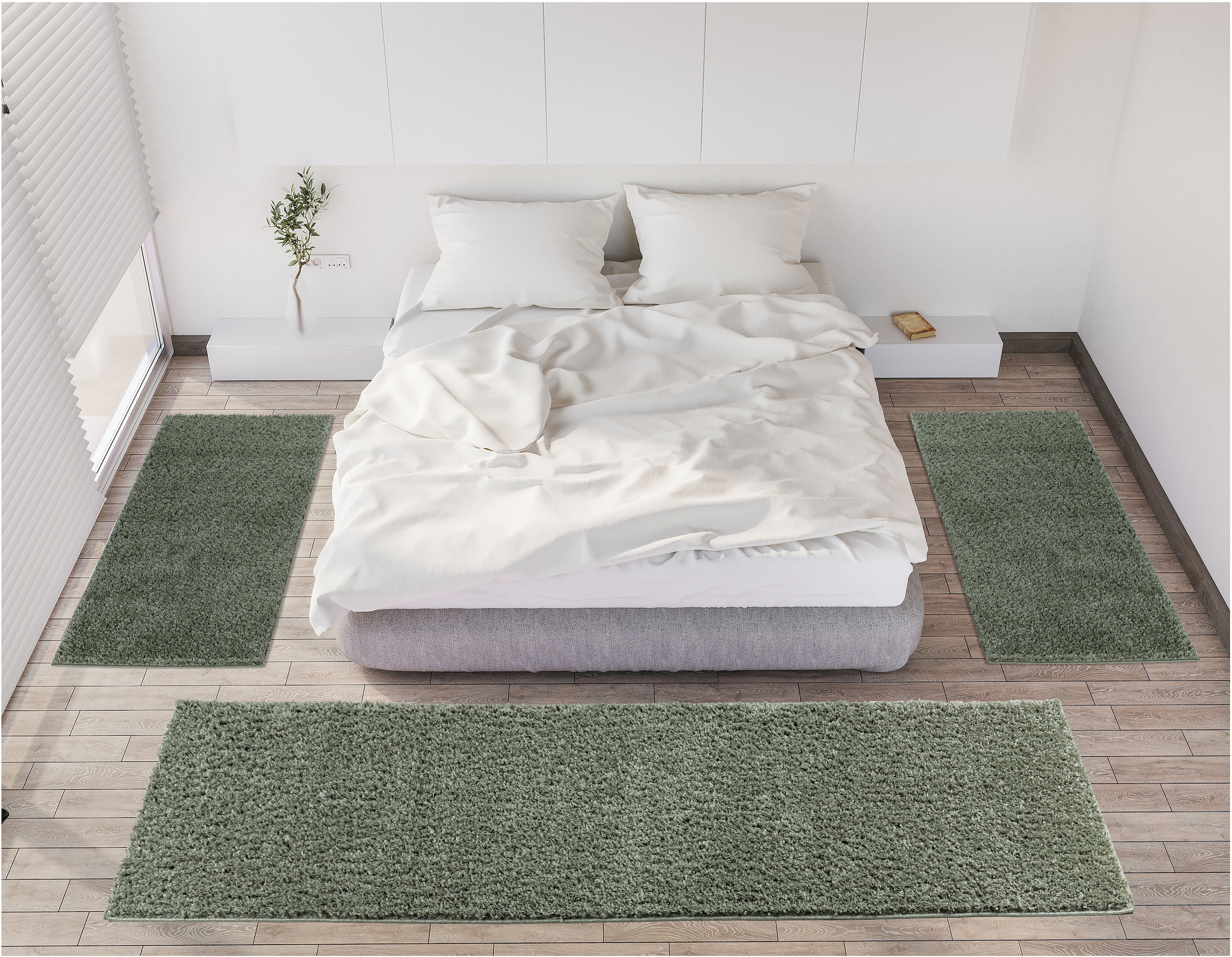 my home Bettumrandung »Shaggy 30«, (3 tlg.), gewebt, 2- oder 3-teilig, Bettvorleger, Läufer-Set, Uni-Farben
