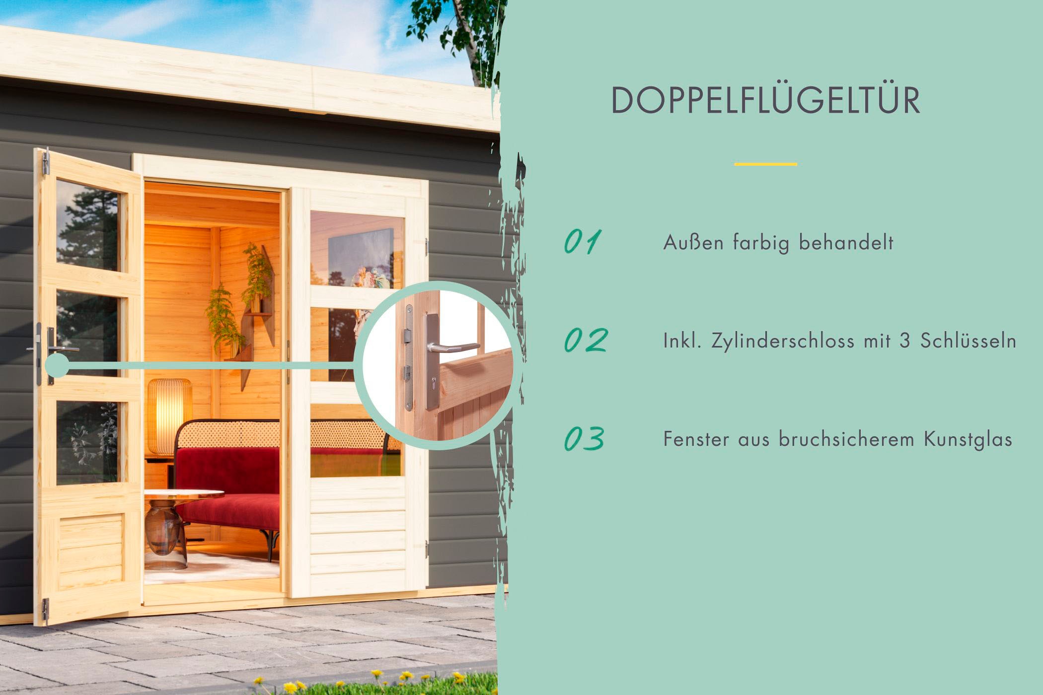 Karibu Gartenhaus »Schloßsee 3«, (Set), mit Anbaudach, Rückwand und Fußboden im Haus